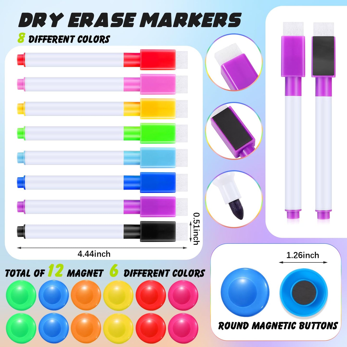 Meanplan 176 Pcs White Board Accessories Set 144 Magnetic Dry Erase Labels 12 Rolls Thin Whiteboard Tape 8 Magnetic Fine Tip Dry Erase Markers 12 Round Planning Buttons for Office Home (Various Sizes)