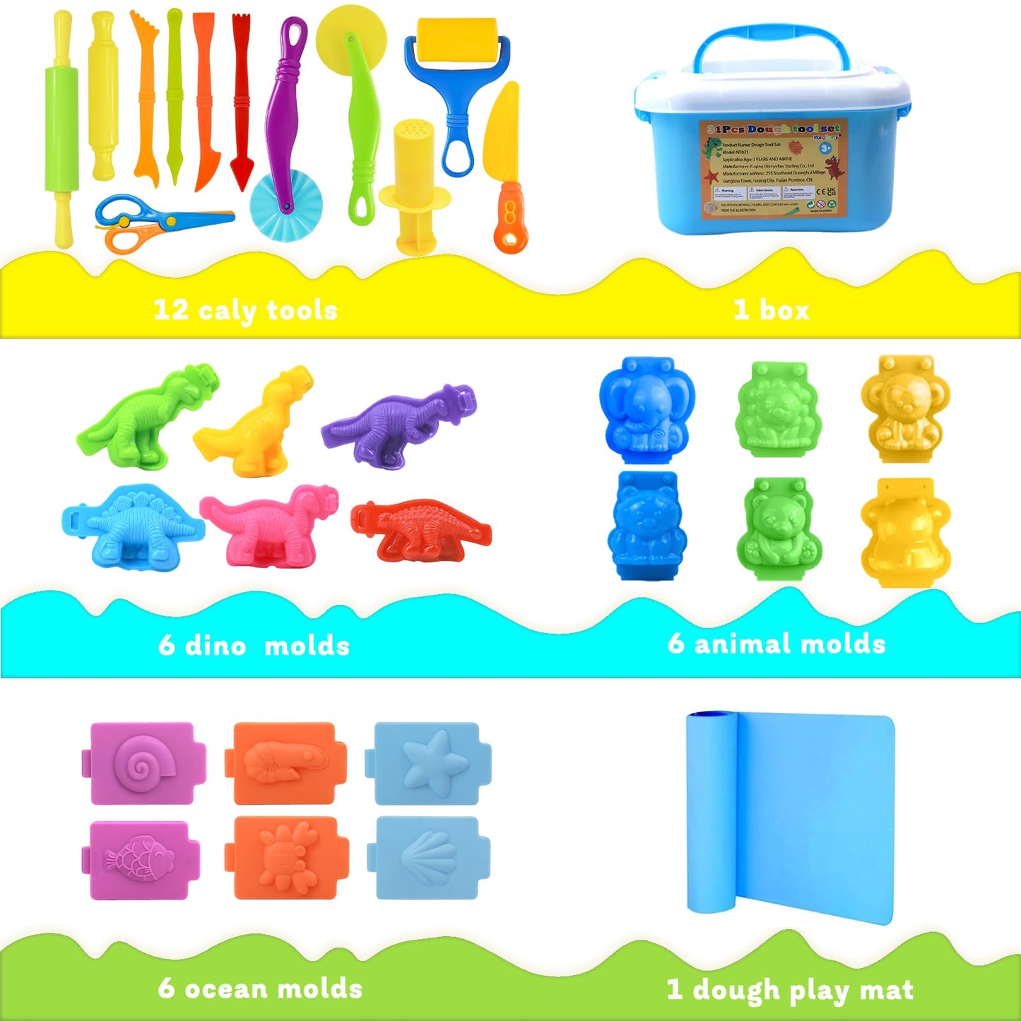 Dough Tool Set, 31 Pcs Basic Dough Tools Kits for Kids, Dough Accessories Includes Storage Container, Mat, 3D Animal, Cutters Roller, Rolling Pins, Safety Scissors