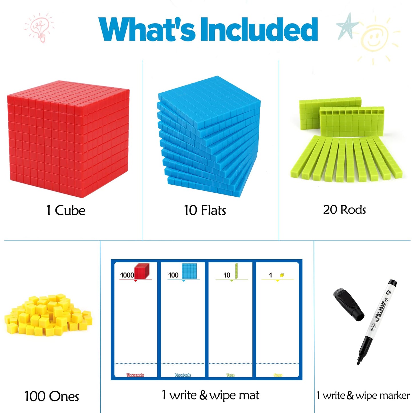 Torlam 131 PCS Base Ten Blocks for Math - Place Value Blocks, Plastic Base 10 Math Manipulatives 1st Grade, Math Counters, Math Cubes, Counting Cubes for Kids Kindergarten Math