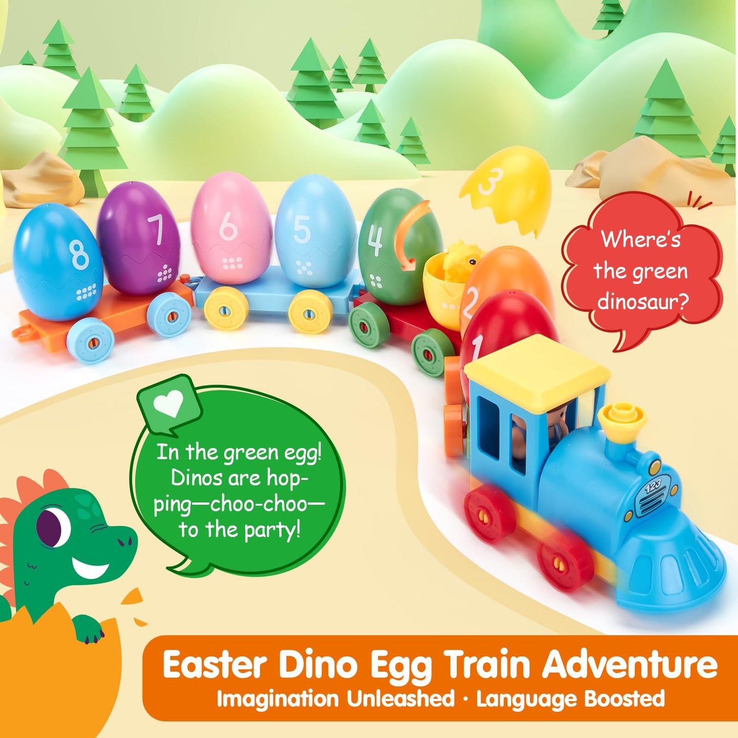 hahaland Toddler Learning Toys for 2 3 Year Old – Montessori Counting Matching Train Set with 8 Dinosaurs & Sorting Easter Eggs, Dino Stickers Toddler Toys for Kids 1-3 Years Easter Basket Stuffers