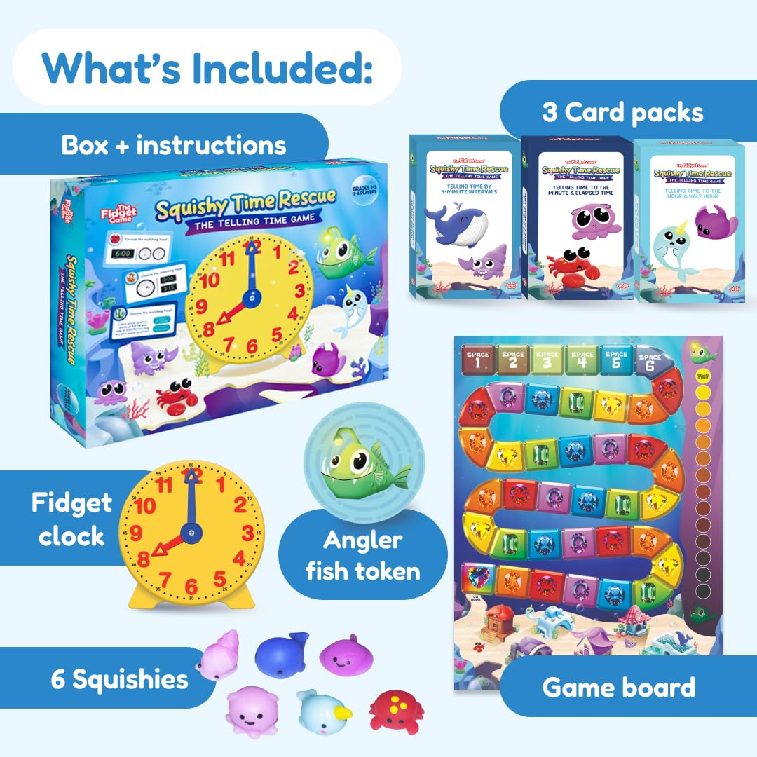 The Fidget Game Squishy Time Rescue - Telling Time Game for Kids Ages 6-11 | Multisensory Hands-On Learning Board Game with Manipulatives | Classroom Must Have for Grades 1-5