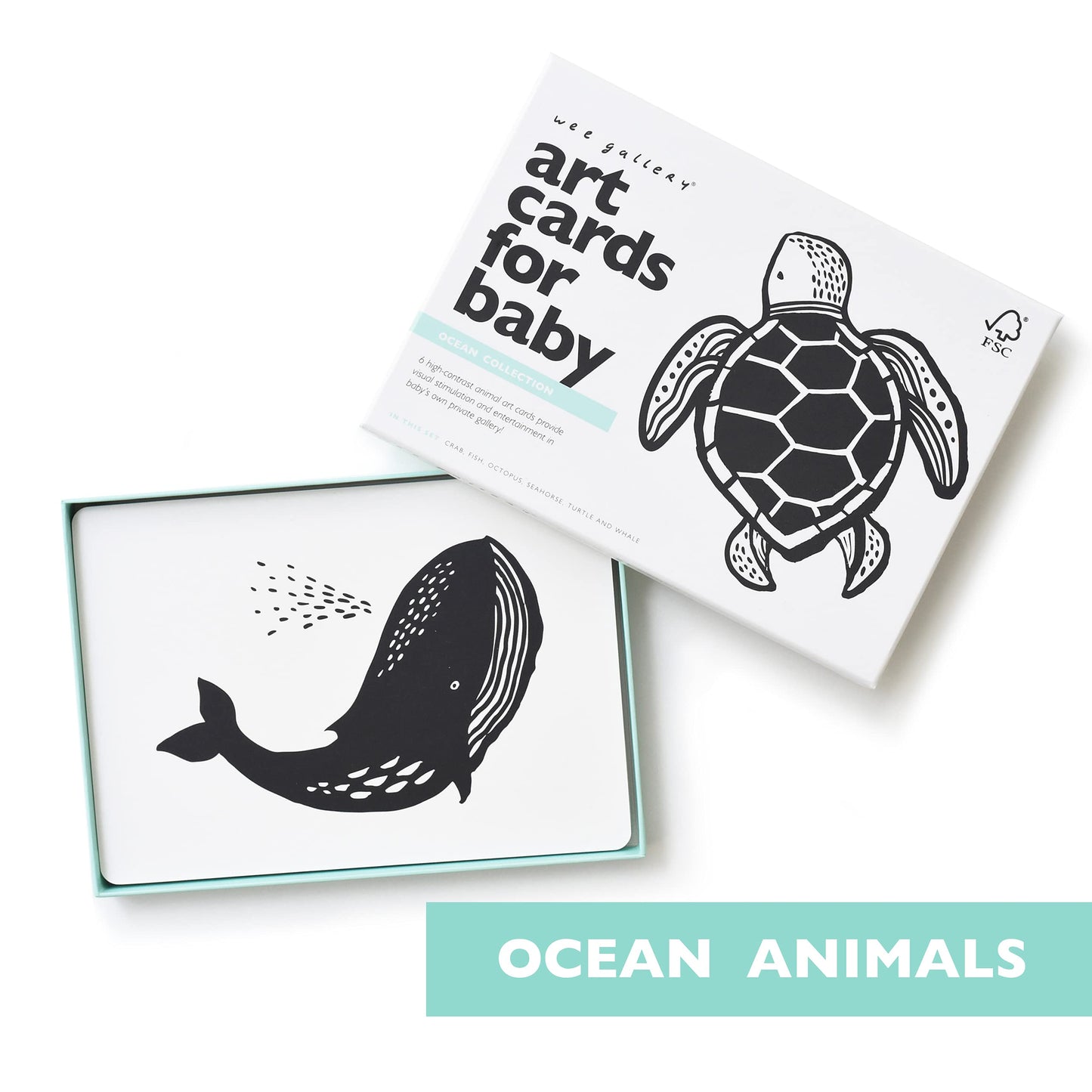 Wee Gallery High Contrast Baby Cards - Black and White Cards for Newborns, 6 to 12 Months Baby Flash Cards, Tummy Time and Visual Stimulation Art Cards - Ocean Animals
