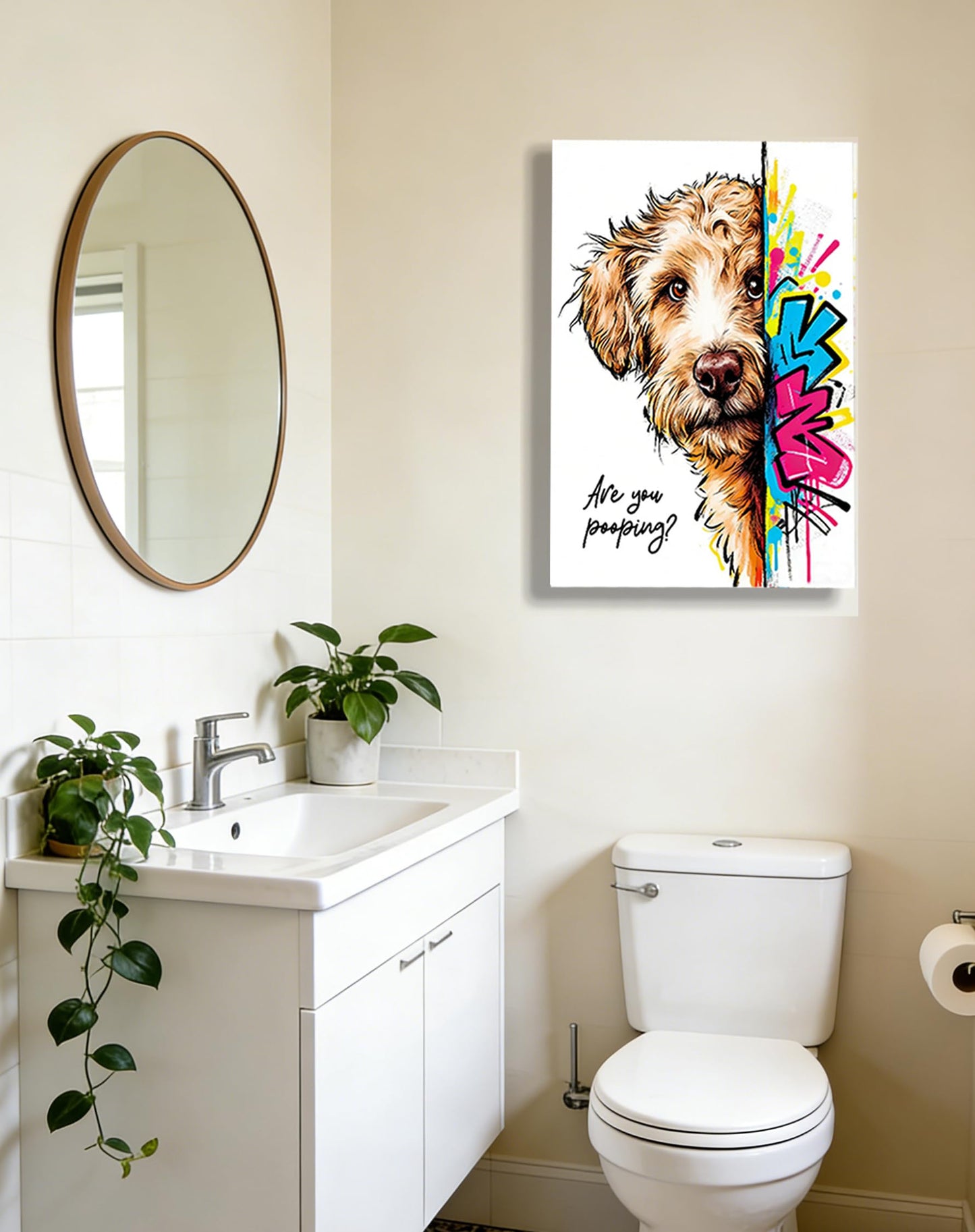 16x24“ Funny Goldendoodle Dog Bathroom Wall Art Painting, "Are You Pooping?" Graffiti Pet Canvas Print, Humorous Restroom Poster Decor for Washroom Bathroom Toilet, Modern Pop Art Dog Lover Gift (Framed)