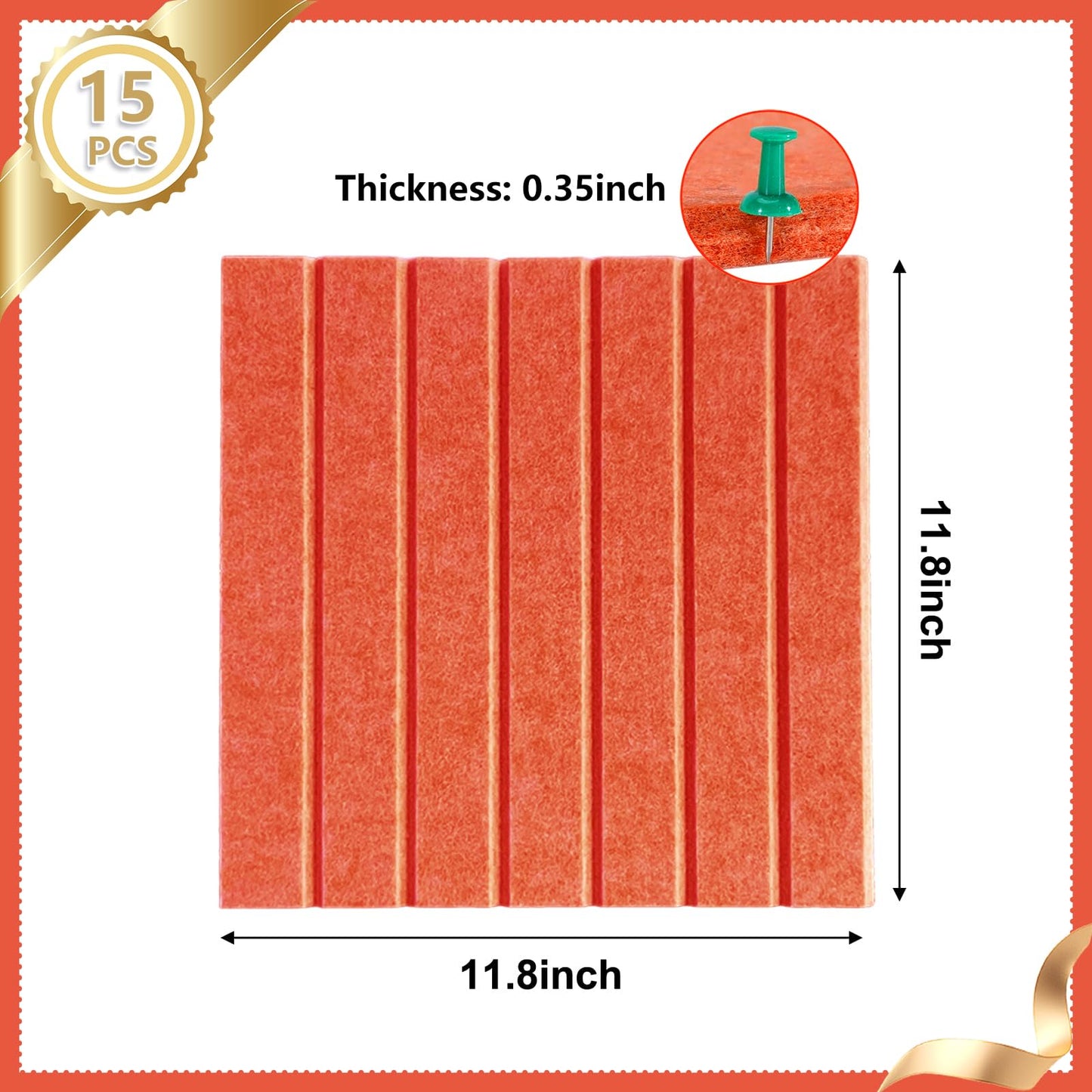 15 Pack Felt Bulletin Board, 35" x 59" Large Orange Pinboard with 30 Push Pins, Felt Pin Board, Self-Adhesive Cork Board Tiles for Home, Office Walls, School Classroom Message Photos Display