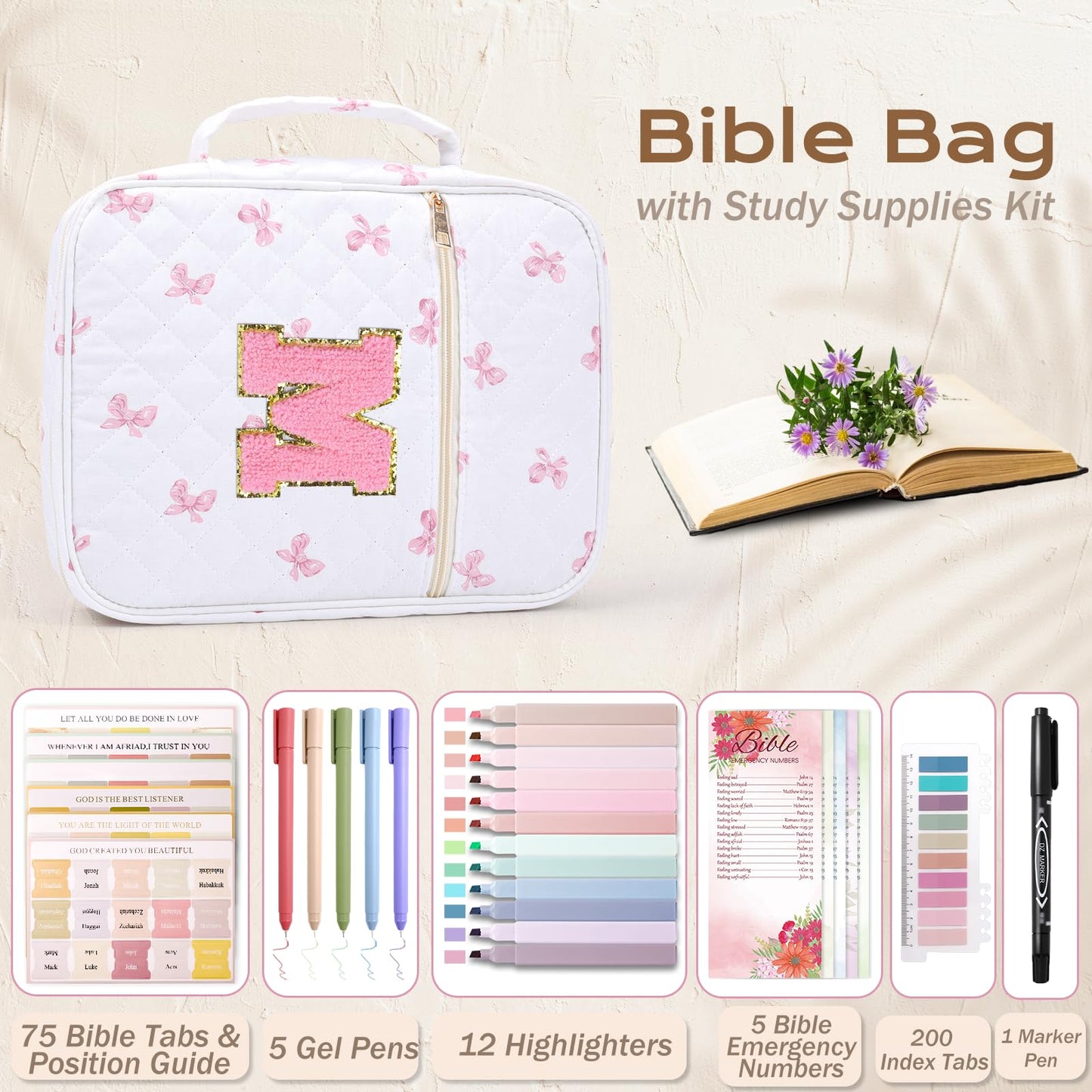XKDOUS Bible Cover for Women Quilted Bible Bag Church Book Carrying Case with Letter M, Handle, Study Supplies Organizer Portable Church Book Carrier Christian Gifts for Mom, Lady