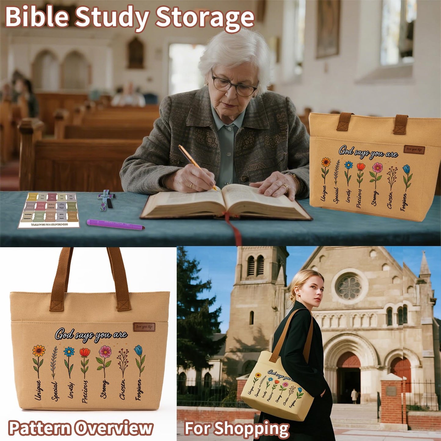 25 PCS Bible Study Supplies Kit, Large Capacity Canvas Tote Bag for Women Organizer, Bible Highlighters and Quick Dry Pens No Bleed Through Tabs, Christmas Christian Gifts for Women Mom Friends