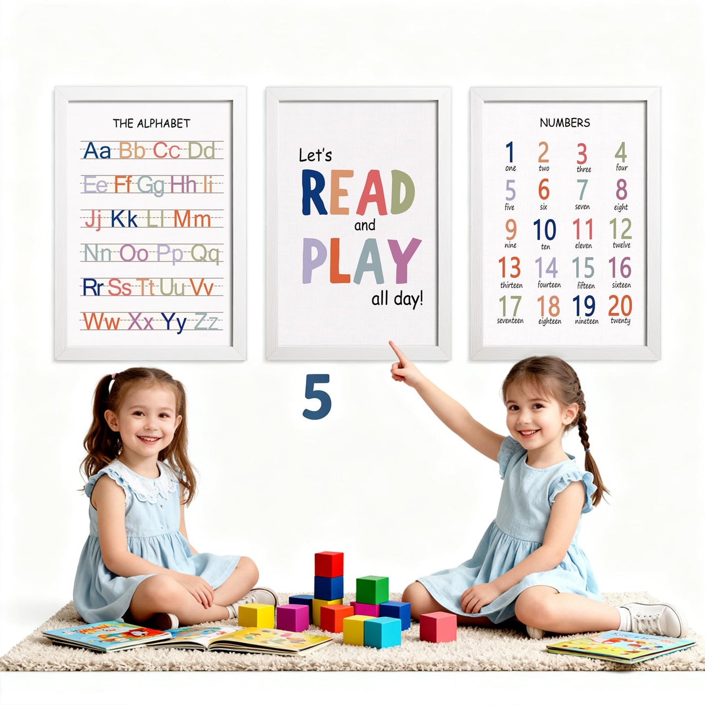 Cute Alphabet Numbers Framed Wall Art Set of 3, Boho Educational ABC Poster Wooden Sign for Baby Girl Kid Boy Toddlers, Neutral Preschool English Letters Nursery Decor for Homeschool Playroom Daycare