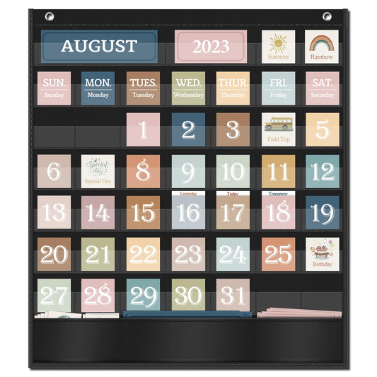 Godery Boho Calendar Pocket Chart for Classroom Cards Add-On School Supplies Teacher Decorations Bulletin Board Pre-K To 6th Grade, Black-1