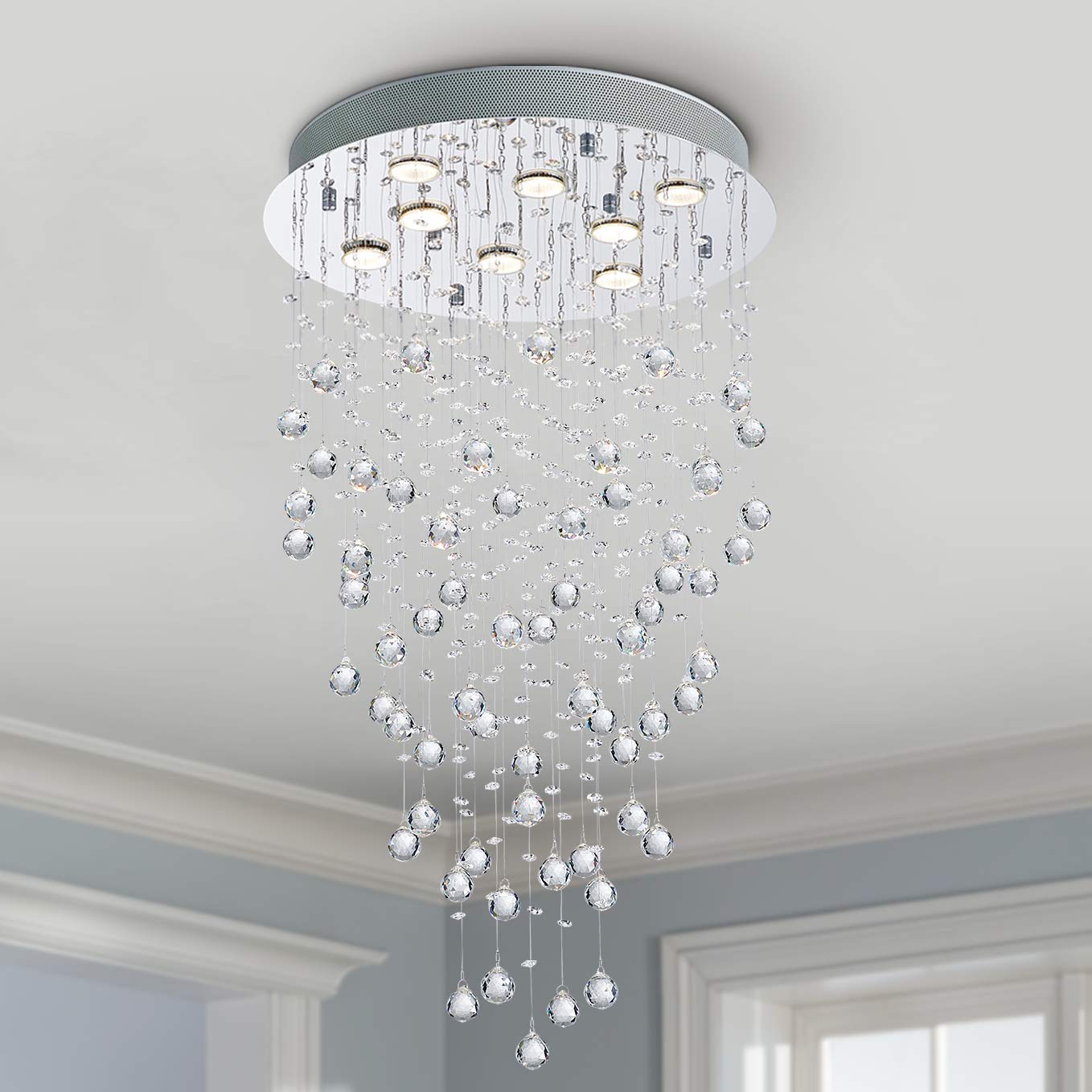 Bestier Crystal Raindrop Chandelier Flush Mount Light Fixture 20in Wide x 34in High Glass, Model AK-AJ-18129, 8 GU10 Bulbs Required