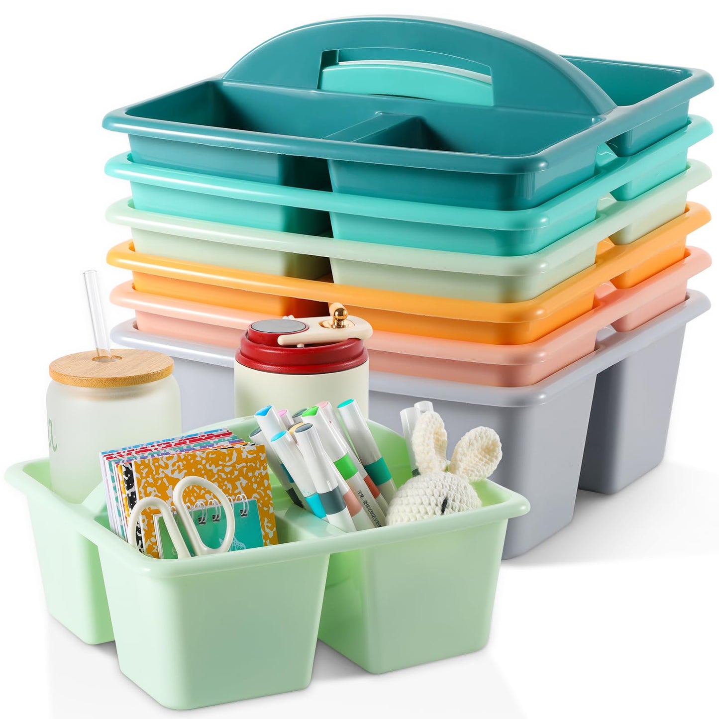 6 Pack 3 Compartment Small Caddy Plastic Classroom Organizer with Handle Portable Teacher Supply Storage Caddy Craft Art Caddies for Pencil, Crayon, Marker, Home, Office, School Supplies(Morandi)