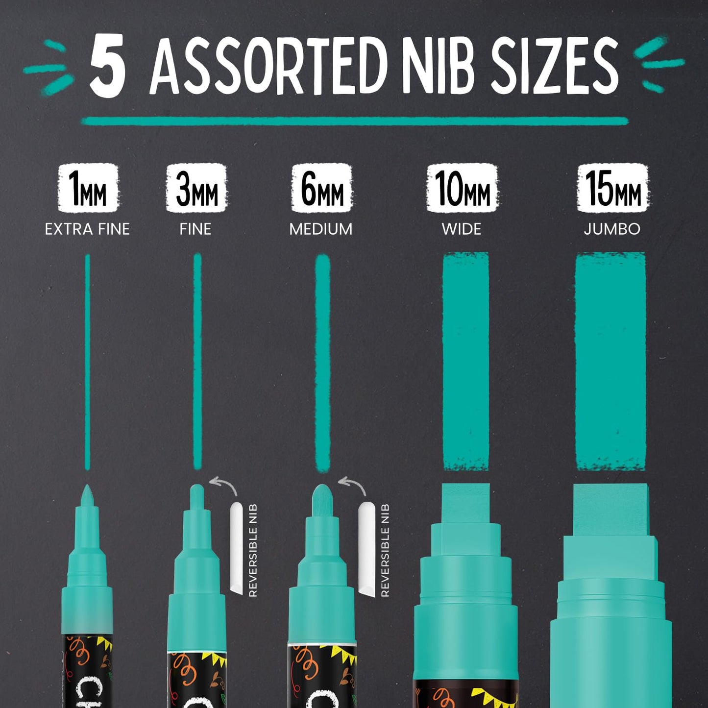Chalkola 5 Teal Chalk Markers - Dry Erase Markers for Blackboard, Chalkboard Signs, Windows, Glass, Car | Variety Pack - Chalkboard Chalk Pens, Fine & Jumbo Size Ink Pen (1mm, 3mm, 6mm, 10mm, 15mm)