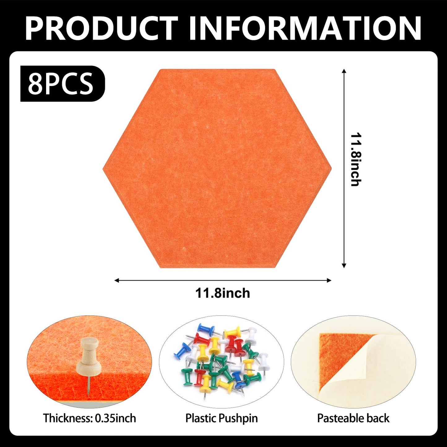 8 Packs Orange Hexagon Felt Pin Board, 12" Bulletin Board with 30 Push Pins, Felt Board for Home Kitchen Office Decor, Self-Adhesive Corkboard Tiles for Walls Classroom Message Photos Memos Display