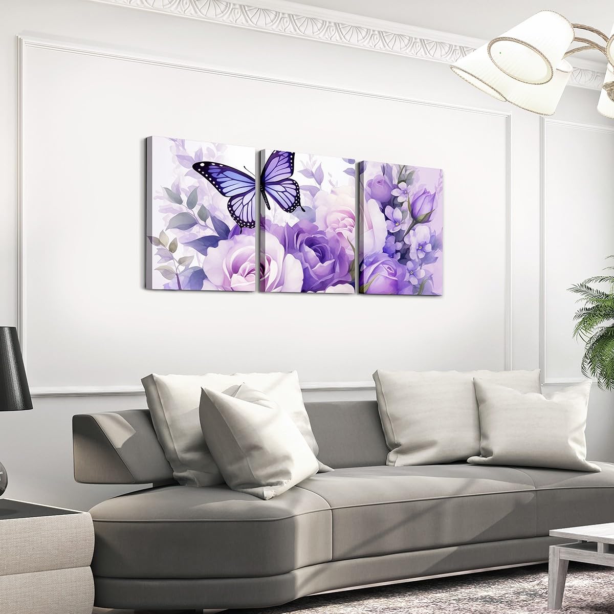 Feelyou Purple Rose 3 Piece Canvas Wall Art for Living Room Bedroom Butterfly Wall Art for Home Decor Floral Flower Office Wall Decor Romantic Theme Wall Painting