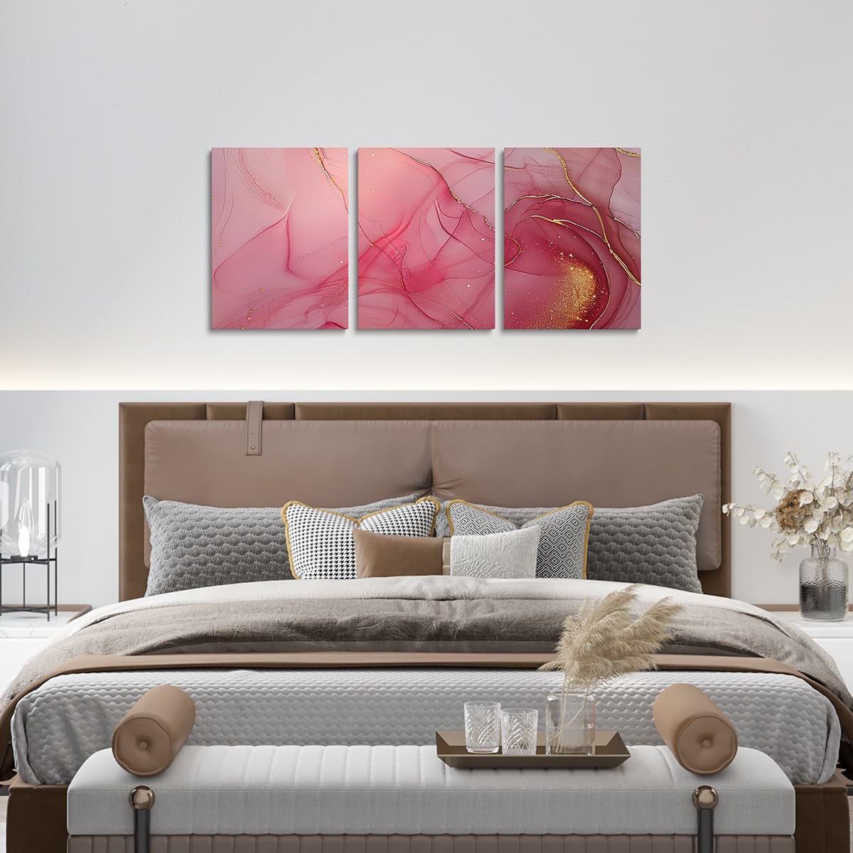 3 Piece Pink Marble Canvas Wall Art for Living Room Bedroom, Pastel Golden Pink Red Paintings Wall Decor Modern Abstract Wall Art Luxury Decor Poster Prints Ombre Artwork Prints