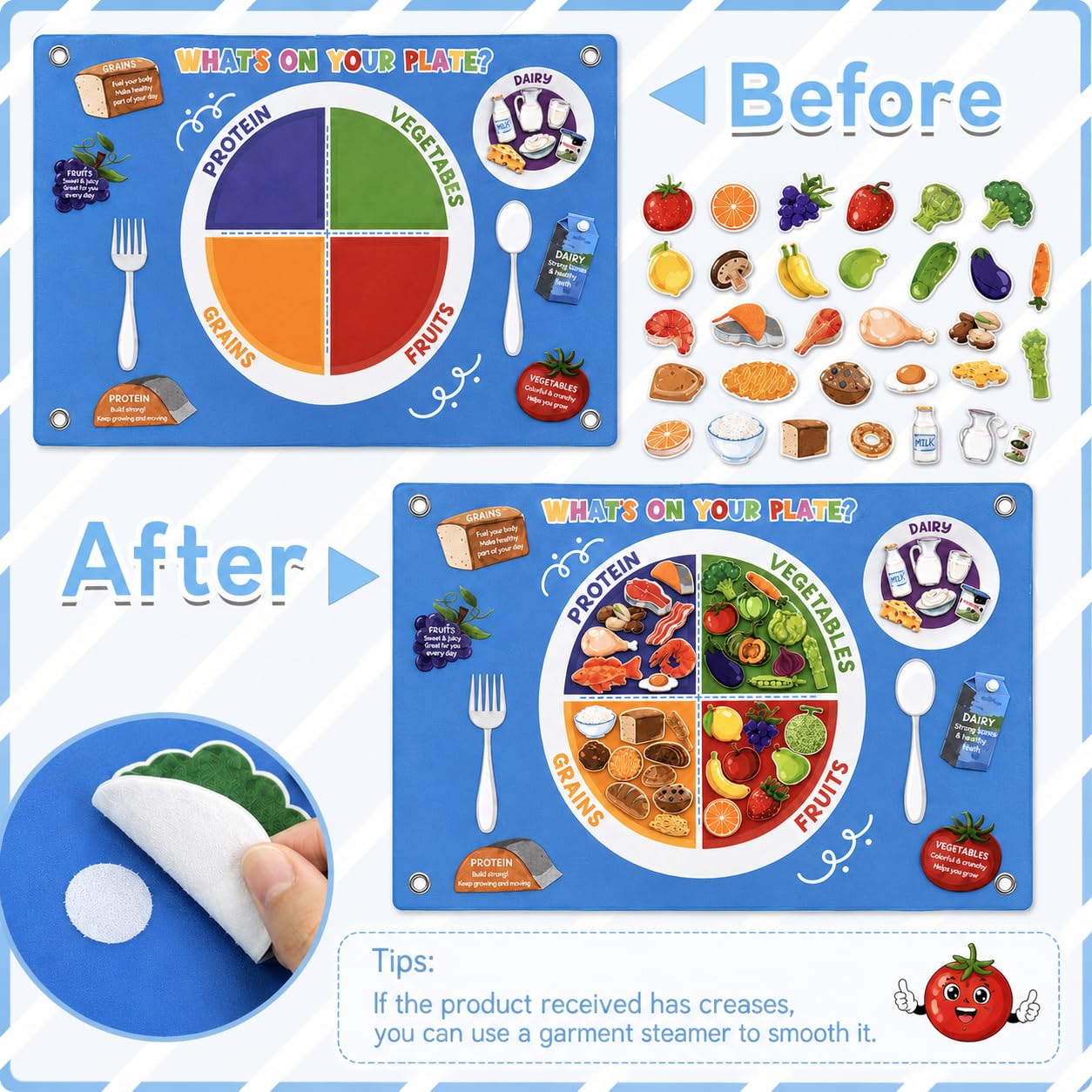 Cinrobiye My Plate Felt Kit DIY Food Diary Early Learning Stories Set Vegetable Fruits Protein Grain Felt Scene Craft Nutrition Bulletin Board for Home Preschool School Games Wall Doors Decor Supplies