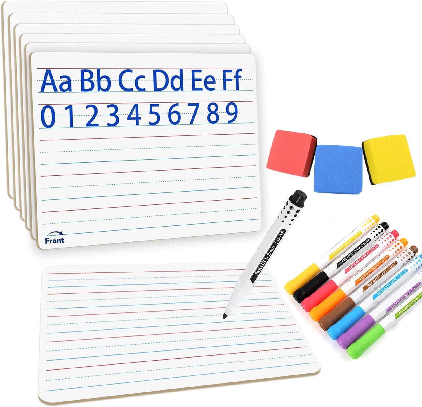 6pack Dry Erase Board 9"x12"with Lines and Blank Surface Learning,Math,Writing Teacher & Homeschool Supplies Mini Whiteboard Erasers Included Colors pens