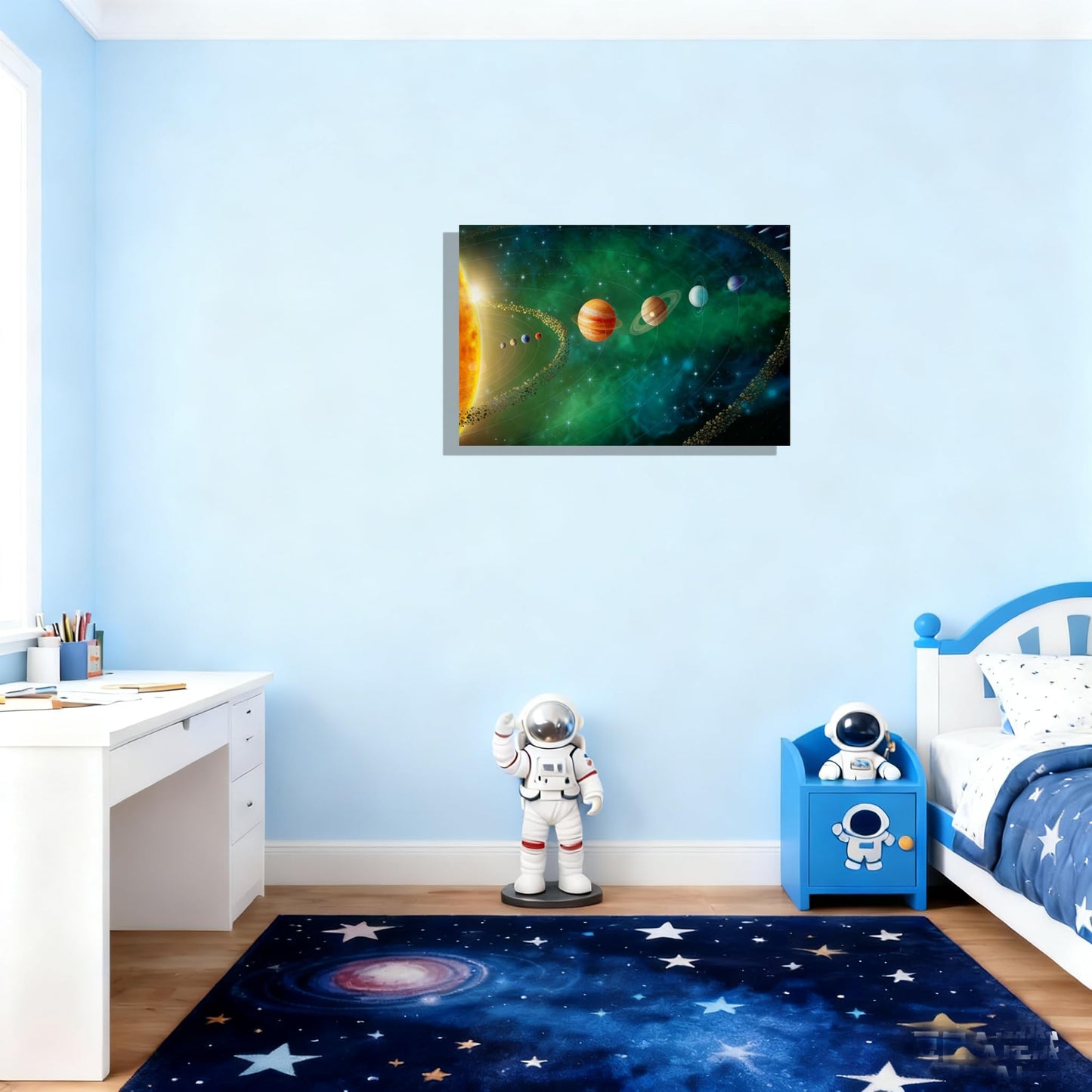12x16 Framed Solar System Space Canvas Wall Art Green Galaxy Planets Astronomical Decor Kids Bedroom Cosmic Wall Pictures Teen Boy Room Universe Galaxy Poster Child Office Study Room Art Prints