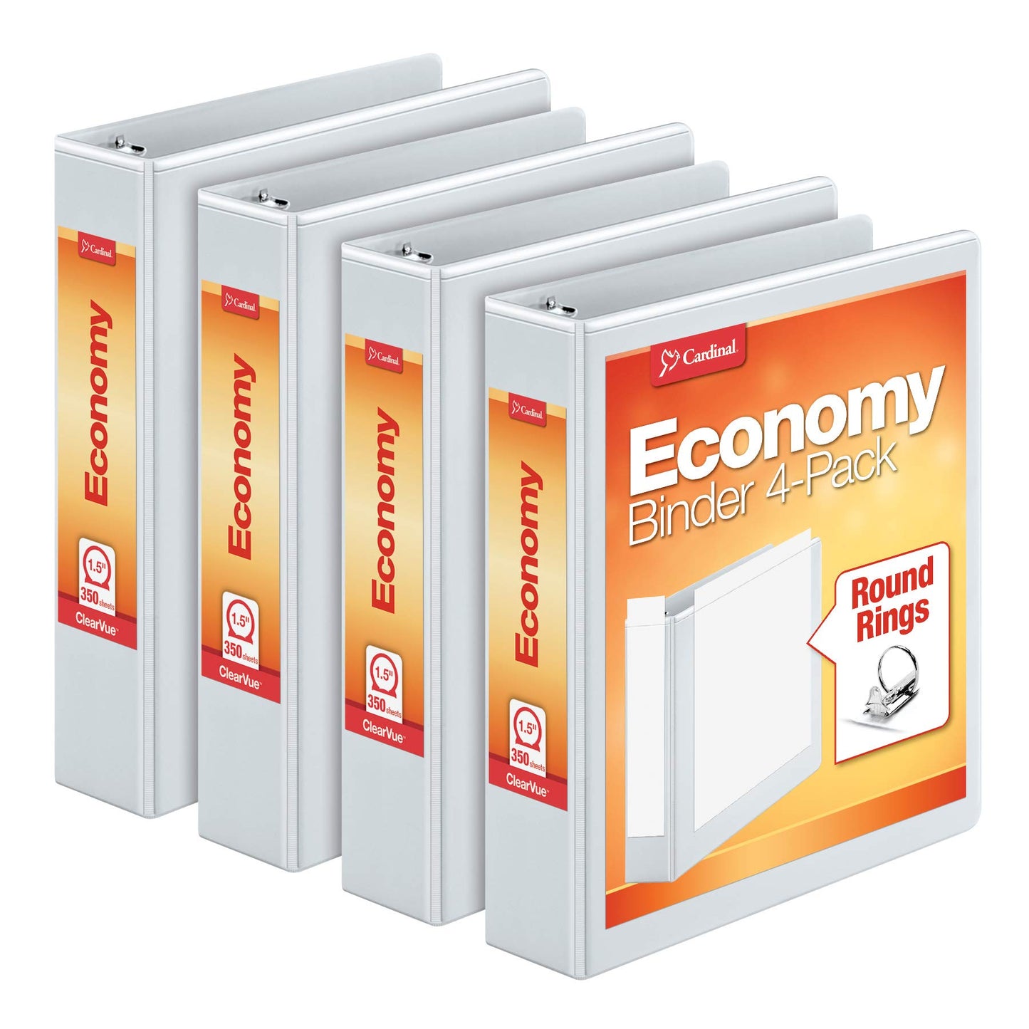 Cardinal Economy 3 Ring Binder, 2 Inch, Presentation View, White & Cardinal 1.5 Inch 3 Ring Binder, Round Ring, White, 4 Pack & Cardinal Economy 3 Ring Binder, 1 Inch, Presentation View, White