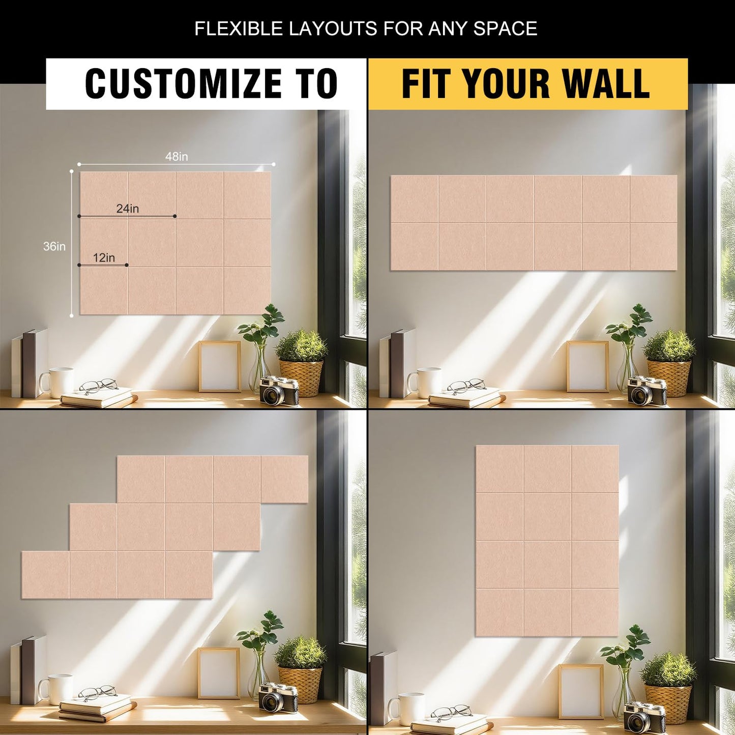 TSJOFFICE Large Cork Board for Wall - 48" x 36" Bulletin Board with 50 Pushpins for Office Decor, Pin Board 12 Pack Felt Wall Tiles with Safe Removable Adhesive Tabs, Corkboard for Home - Cinnamon