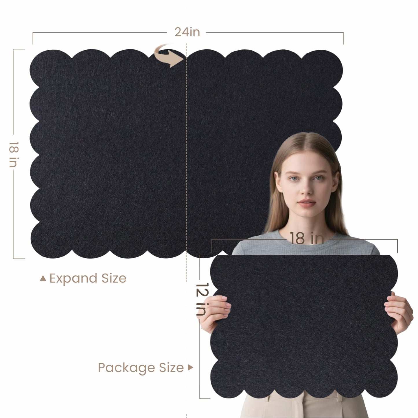 Lightomorrow Scalloped Bulletin Board, 24 x 18 Inches Felt Pin Board - Decorative Cork Alternative for Wall, Foldable Picture Self-Adhesive Vision Prayer Board with 20 Pushpins - Black