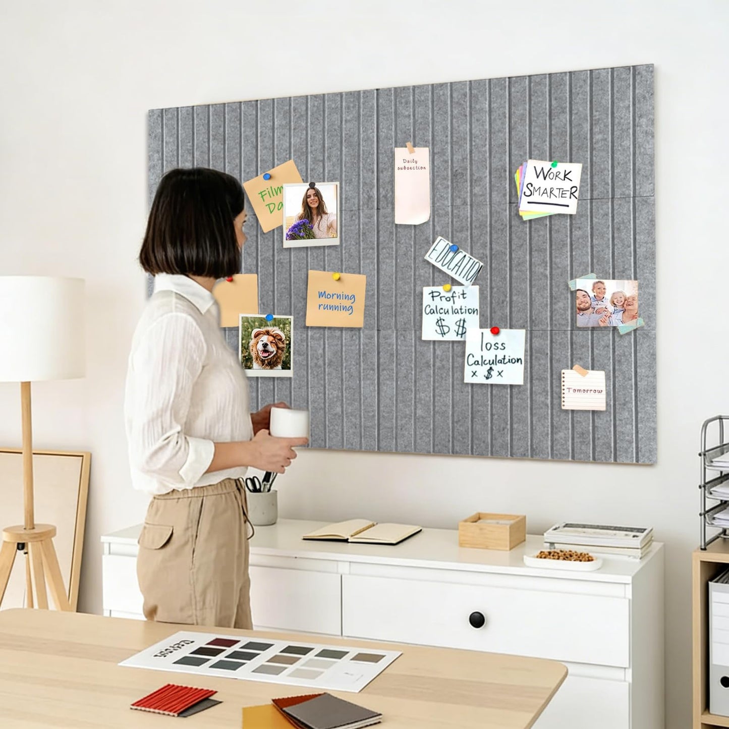 15 Pack Felt Bulletin Board, 35" x 59" Large Grey Pinboard with 30 Push Pins, Felt Pin Board, Self-Adhesive Cork Board Tiles for Home, Office Walls, School Classroom Message Photos Display