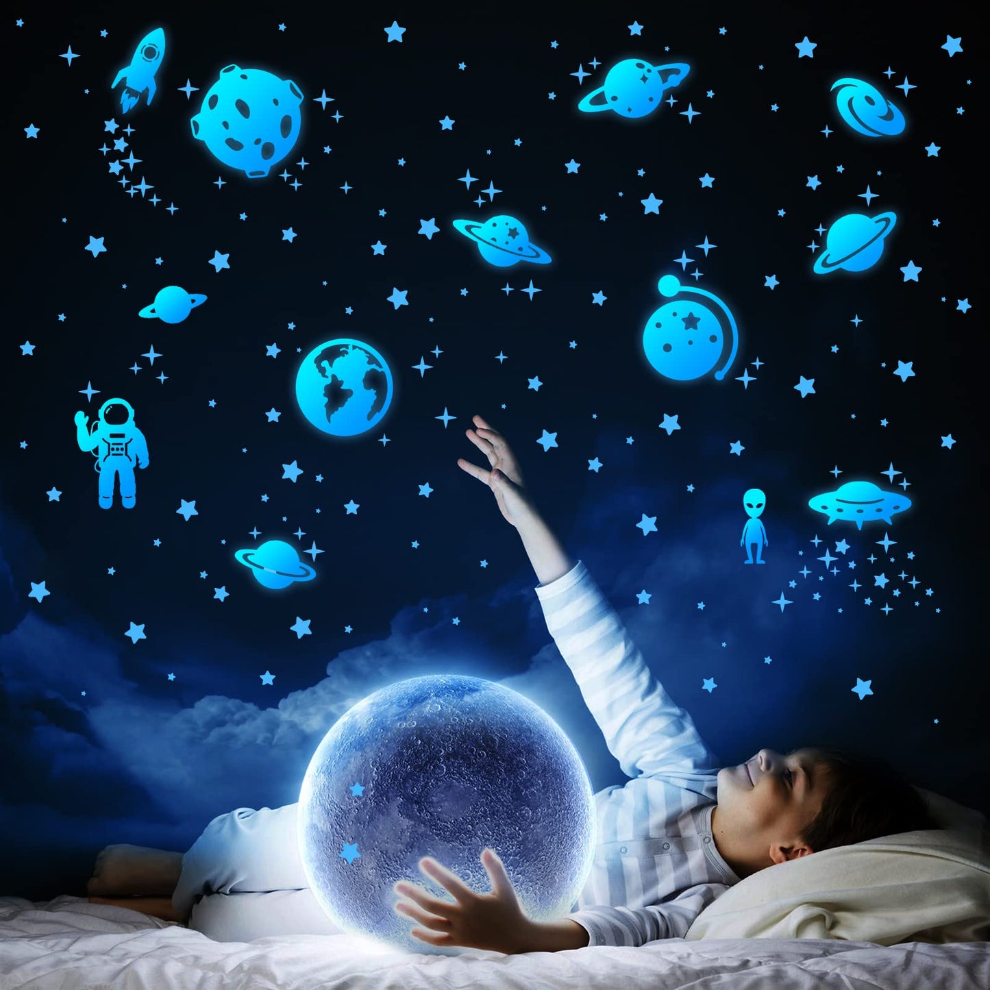 Glow in The Dark Stars for Ceiling, Solar System Wall Stickers for Kids, Planet Wall Decals, Glowing Stars, Space Decor for Boys Room, Galaxy Astronaut Rocket Spacecraft Alien Decoration (Blue)