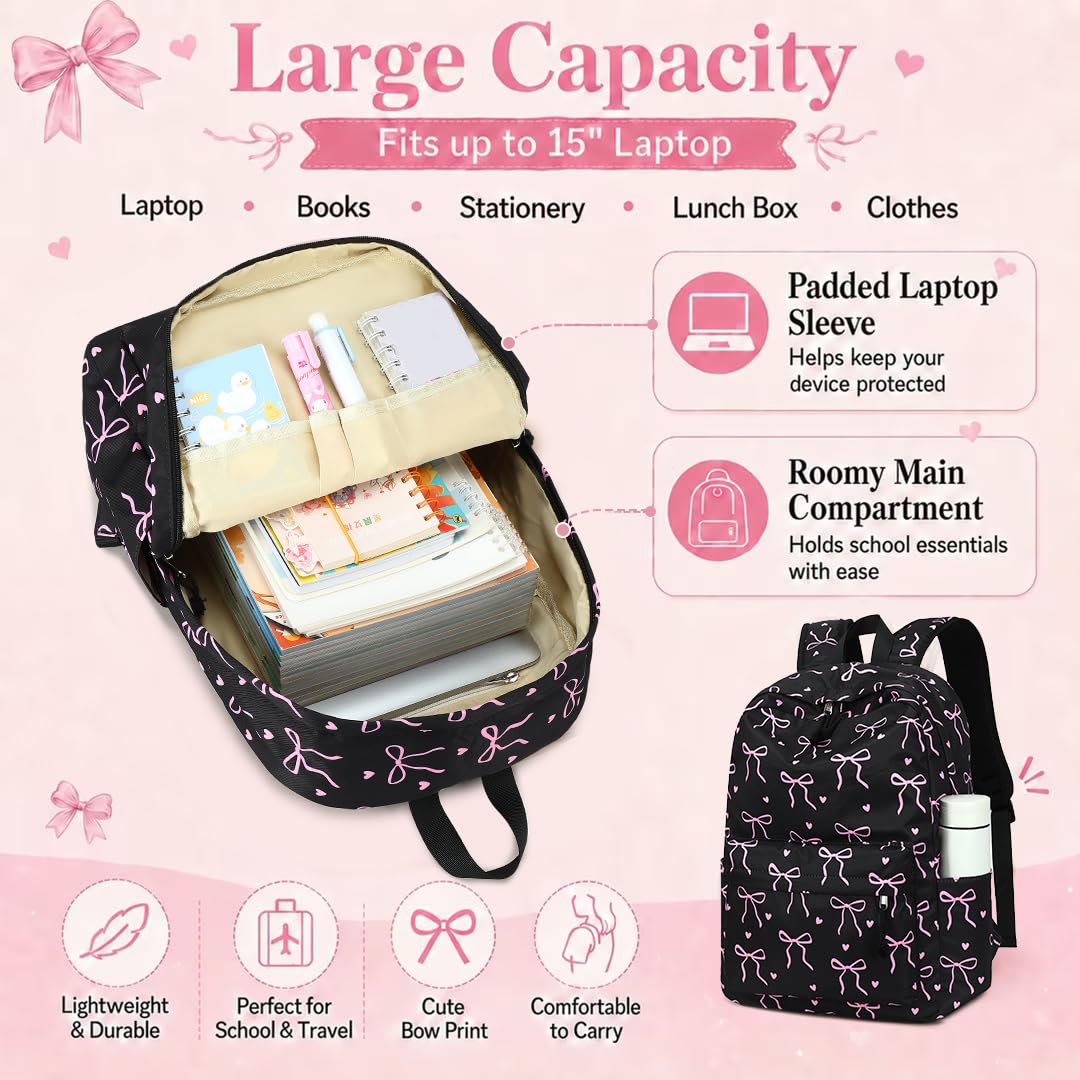 LOIDOU Backpack for Girls School Backpacks Bookbags for Elementary Middle School Women Laptop Backpacks (Bow tie Black, L-17)