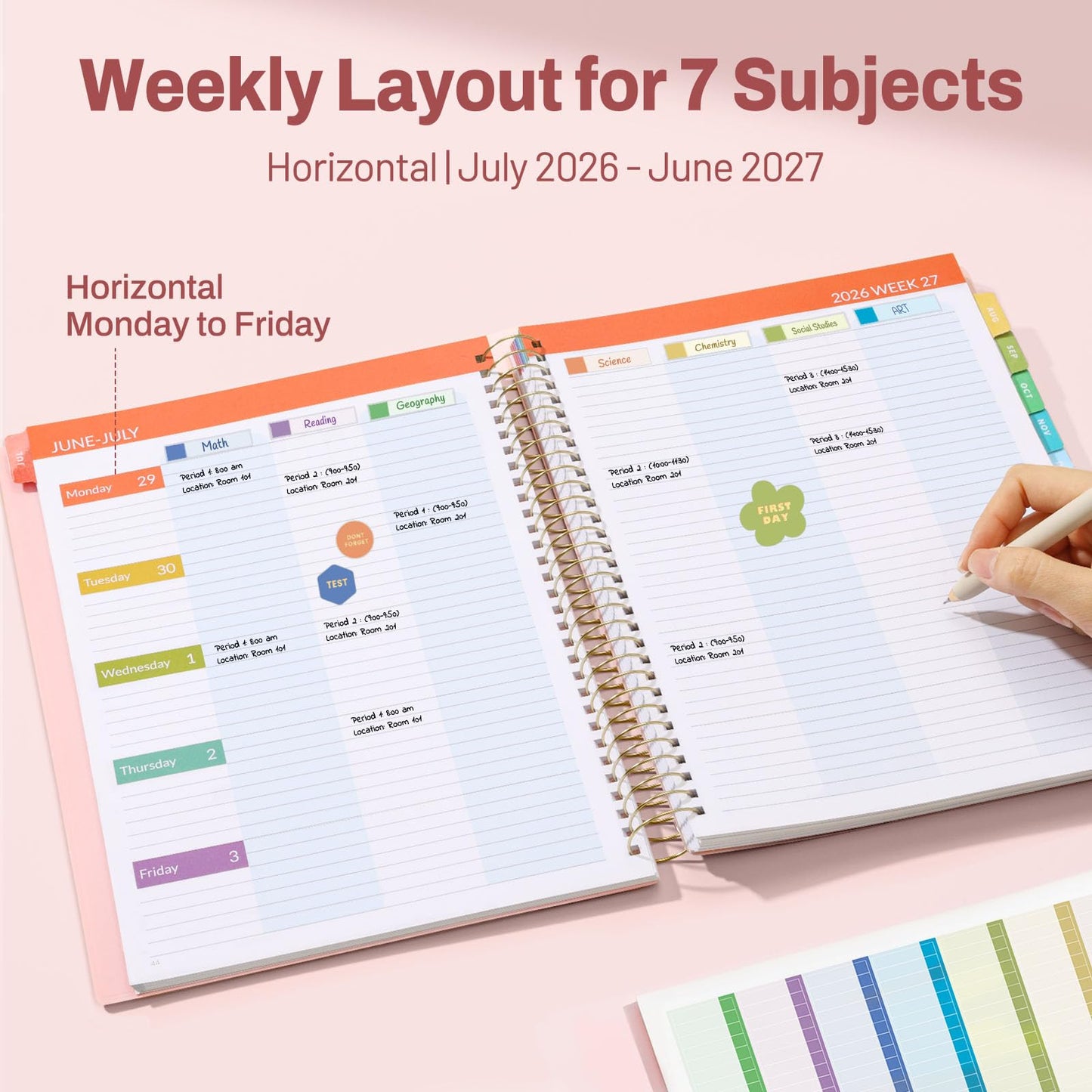SUNEE Deluxe Teacher Planner 2026-2027, Lesson Planner Book with 7 Periods Jul 2026 - Jun 2027, 8.5" x 11" Daily Weekly and Monthly Organizers with Colorful Tabs, Planning Stickers,120gms Paper, Pink