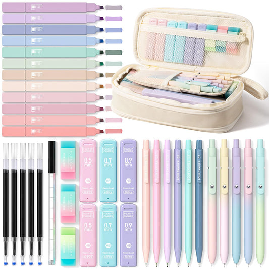 Four Candies 39 PCS Aesthetic School Supplies with Cute Pen Case, 12 Pastel Highlighters, 5 Black Ink Gel Pens, 6 Mechanical Pencils Set for Students Stationery College Essentials, Cream