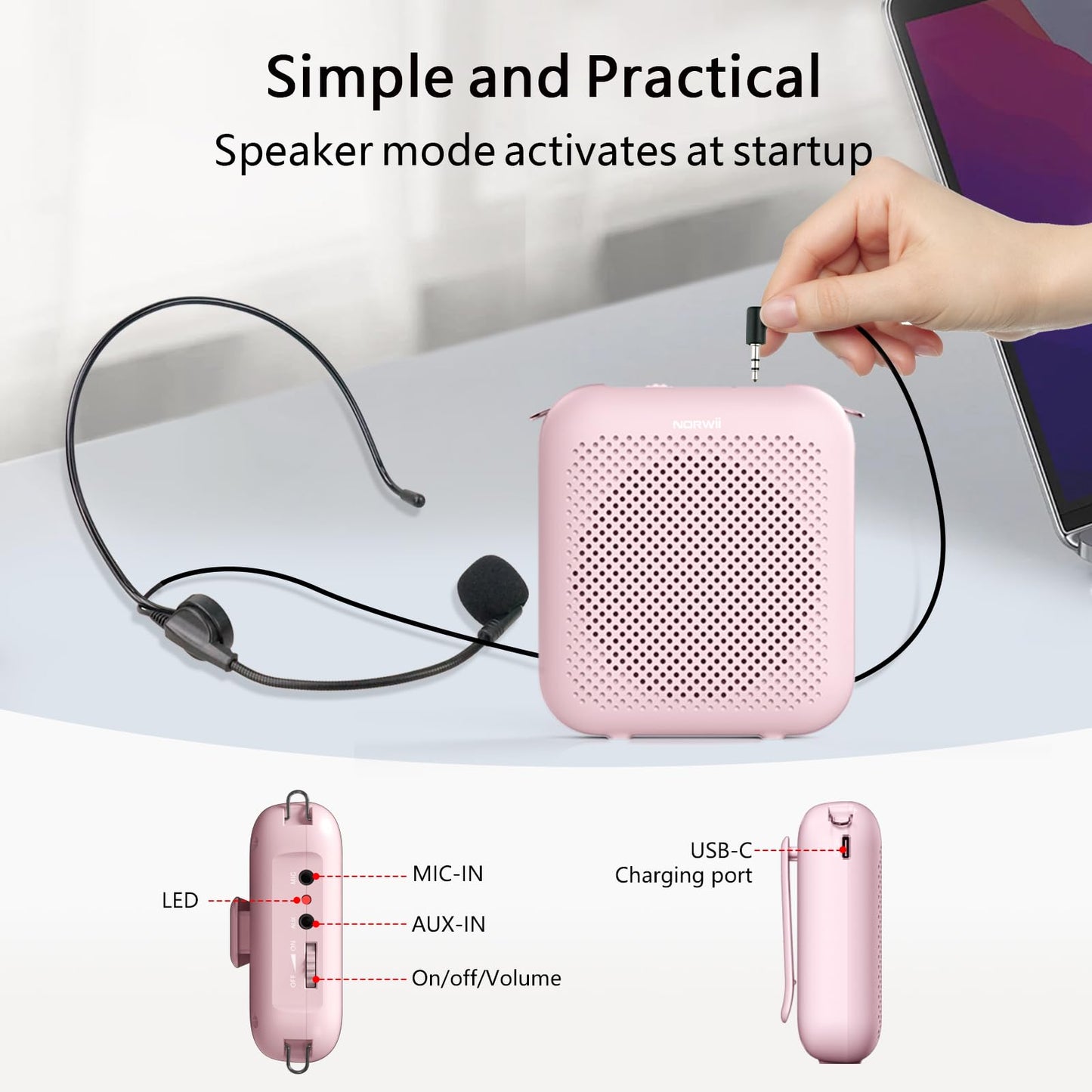 Norwii Bluetooth Voice Amplifier, Power Amplifiers, Portable Mini Wired Microphone Headset for Teacher Classroom & Outdoor Lectures, Teaching, Tour Guides, USB-C Rechargeable - 2000mAh, Pink