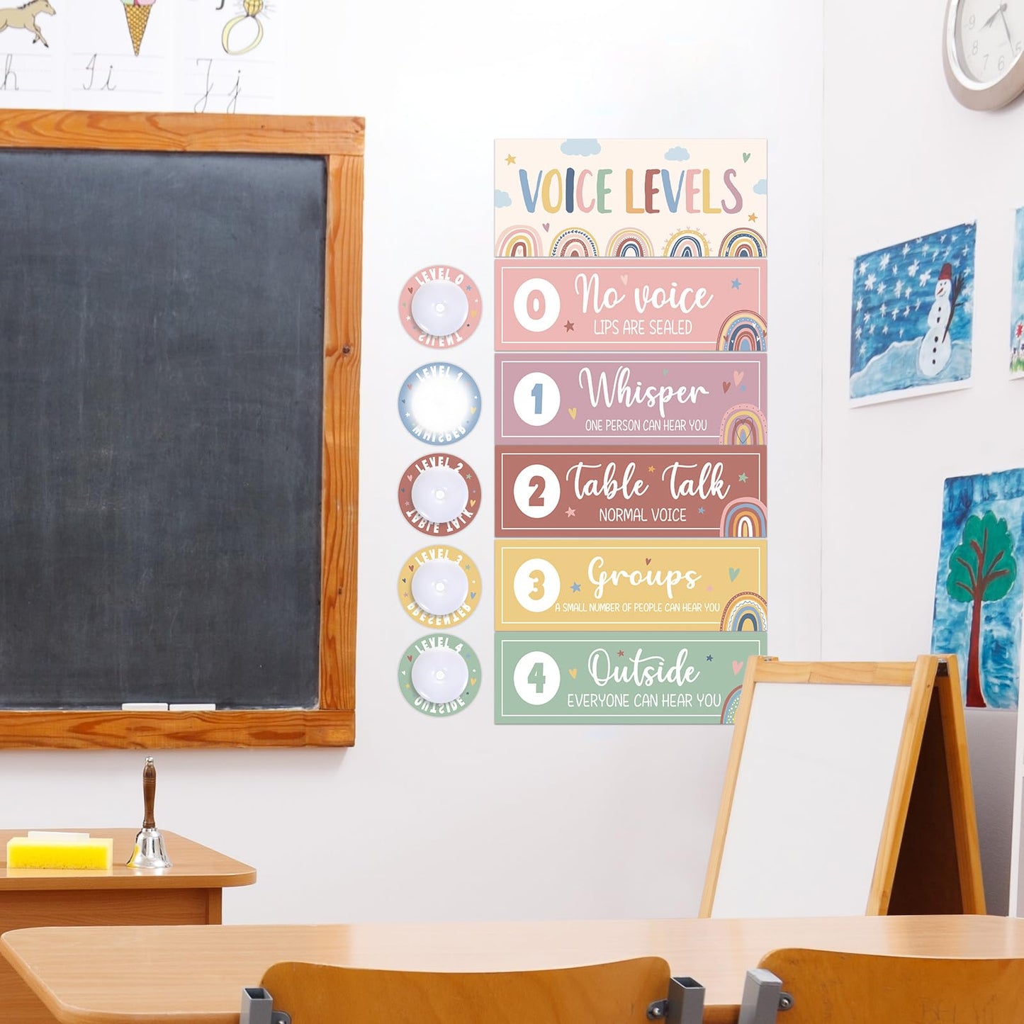 5 Pcs School Push Light and Voice Level Poster Voice Level Chart Monitor Rules Sign LED Tap Light Classroom Rules Poster Noise Chart Classroom Management Tools for Teachers Back to School （Boho Style）