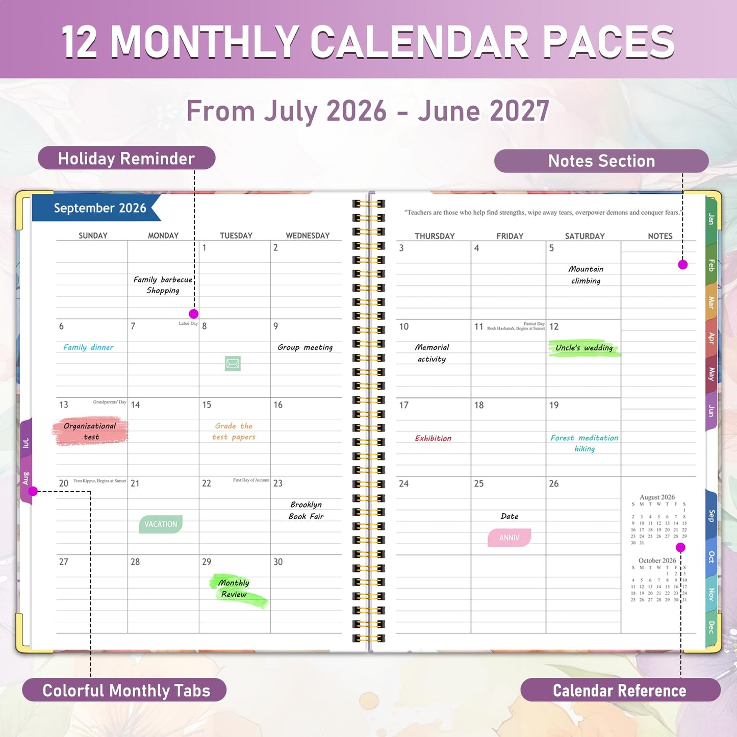 Teacher Planner 2026-2027, Jul 2026-Jun 2027 Academic Year, 8.5" x 11" Lesson Planner Book for Teacher Calendar, Spiral Bound Planners, Colorful Monthly Tabs, Planning Stickers, Flower