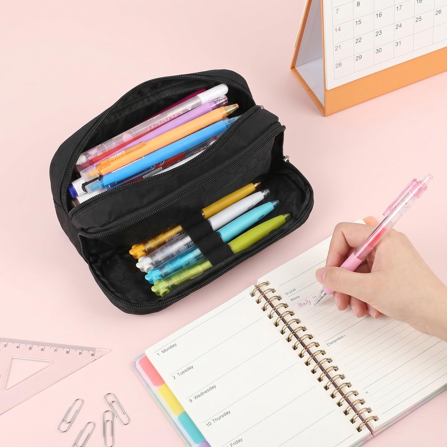 Della Gao Large Pencil Case, Big Capacity Pencil Pouch with 2 Compartments, Office Pencil Bag with Zipper, Big Pen Case for Adults (01-Black)