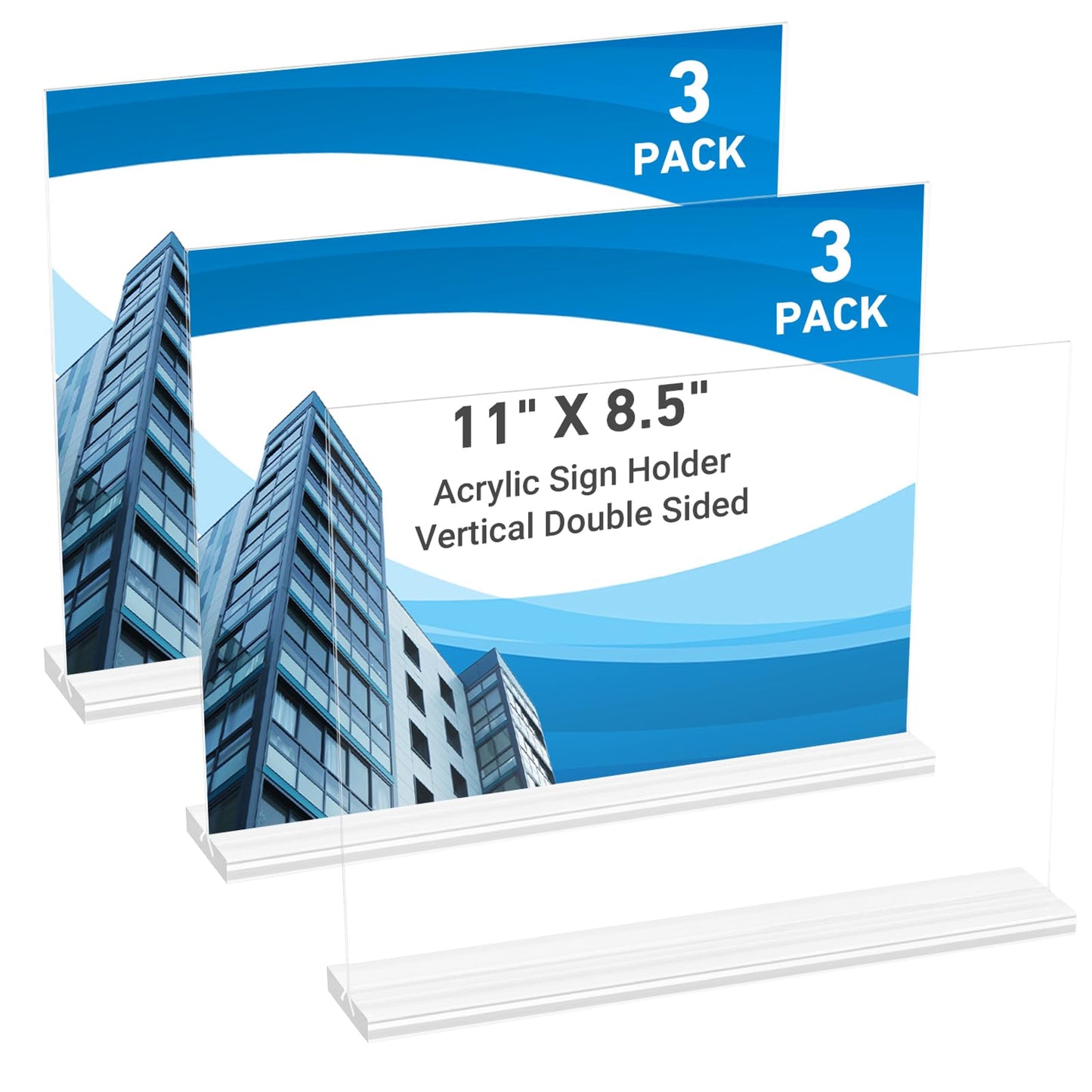 3 Pack Acrylic Sign Holder 11 x 8.5 Horizontal, Double-Sided Clear Sign Holder Plastic Stands for Display, T Shape Acrylic Table Sign Stands for Office Store Restaurants Wedding Party Decoration