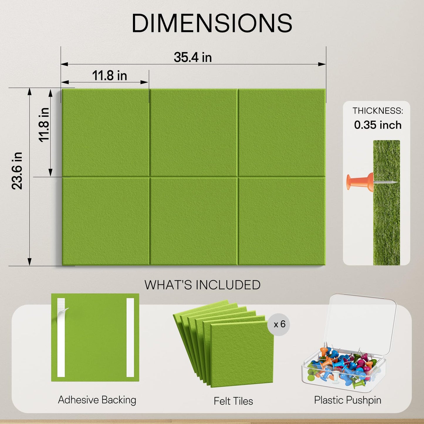 MaxGear Large Cork Board for Wall 36" x 24", Forest Green Bulletin Board, 6 Pack Felt Wall Tiles with Pushpins, Cork Boards for Office Pin Board Tack Board Cork Boards