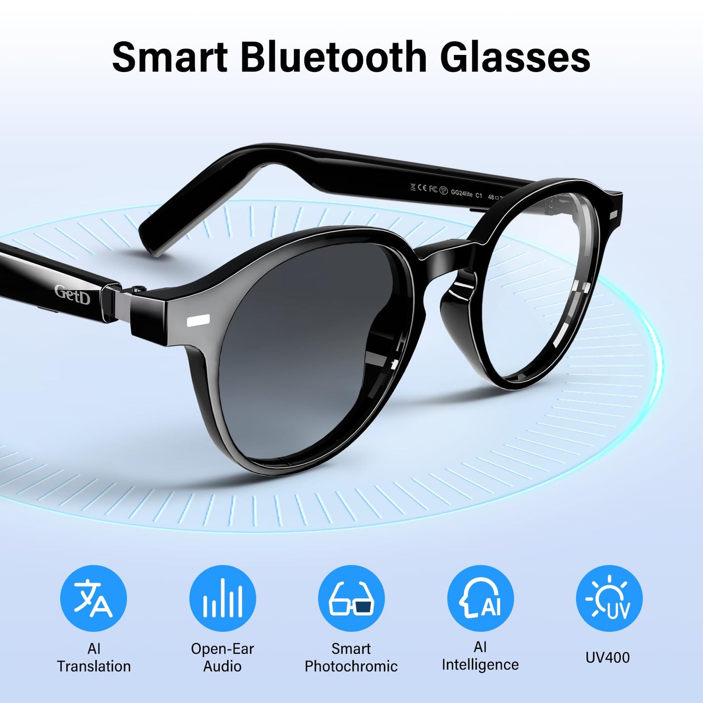 GetD 2026 AI Smart Glasses for Men Women, Translation Glasses with ChatGPT 145 Language, Photochromic Lenses, Bluetooth Glasses 11H Music Play /9H Call for Travel Daily Use
