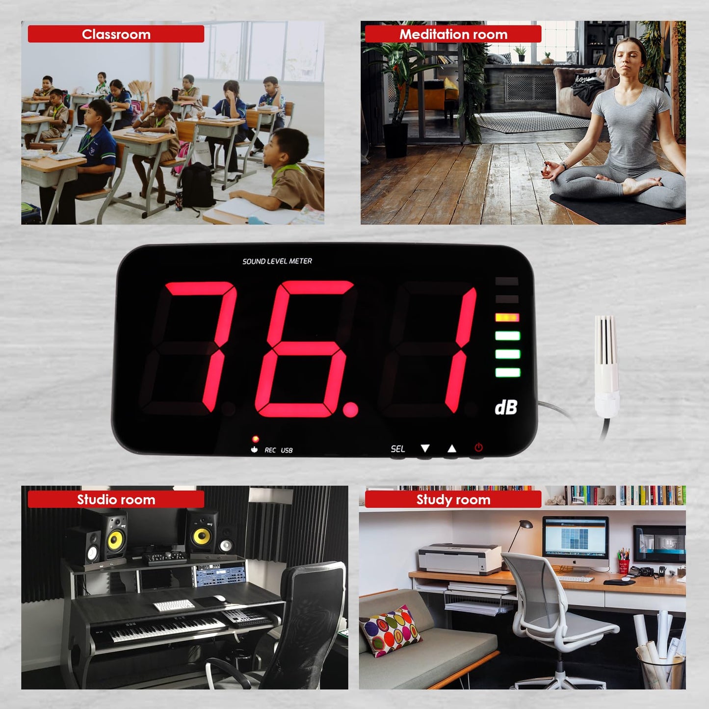 Decibel Meter Recorder 13 Inches Sound Level Meter, Wall Mount Noise Meter for Classroom Sound Meter with 16.4ft Sensor, Buzzer Alarm and Unlimited Data Logging, Noise Meter Decibel for Studio, Home