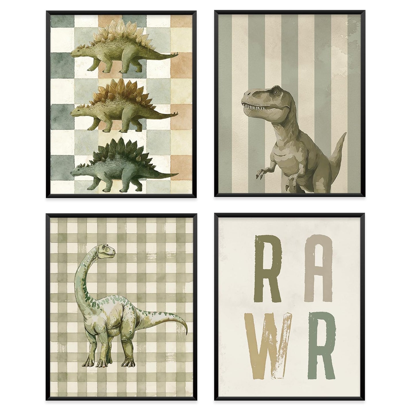 VONTP Retro Funny Dinosaur Wall Decor for Boys Toddler, Dino Rawr Wall Art for Green Dinosaur Room Decor for Kids Bedroom Classroom Playroom, 8x10 Inch Set of 4 (Unframed)