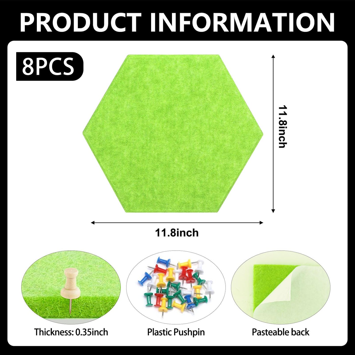 8 Packs Fluorescent Green Hexagon Felt Pin Board, 12" Bulletin Board with 30 Push Pins, Felt Board for Home Kitchen Office Decor, Self-Adhesive Corkboard Tiles for Walls Message Photos Memos Display