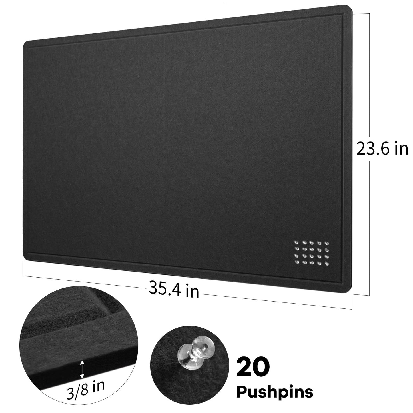 Lightomorrow Bulletin Board, 36 x 24 inches Felt Board - Decorative Pin Board, Cork Board Alternative for Wall, 3' x 2' Foldable Self-Adhesive Vision Board Prayer Board with 20 Pushpins - Black