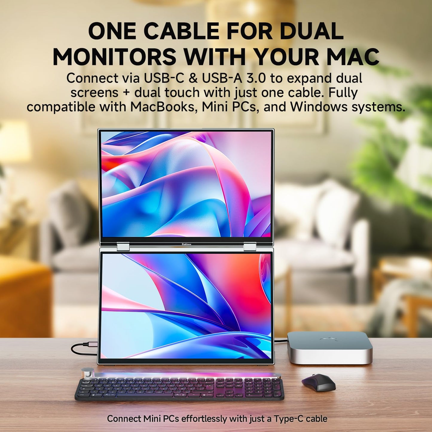 Biakknoe U16 Pro 16" Dual Portable Monitor Touchscreen, 1200P FHD Laptop Screen Extender with USB-A&C/HDMI, Foldable Travel Monitor for Laptop/Mac/PC/Windows, Single-Cable Dual Display, VESA Mountable