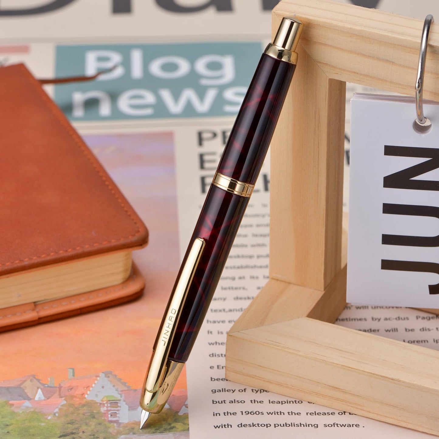 Jinhao 10 Press Fountain Pen with Box, Marble Red Retractable Extra Fine Nib with Ink Converter Set (Golden Clip)