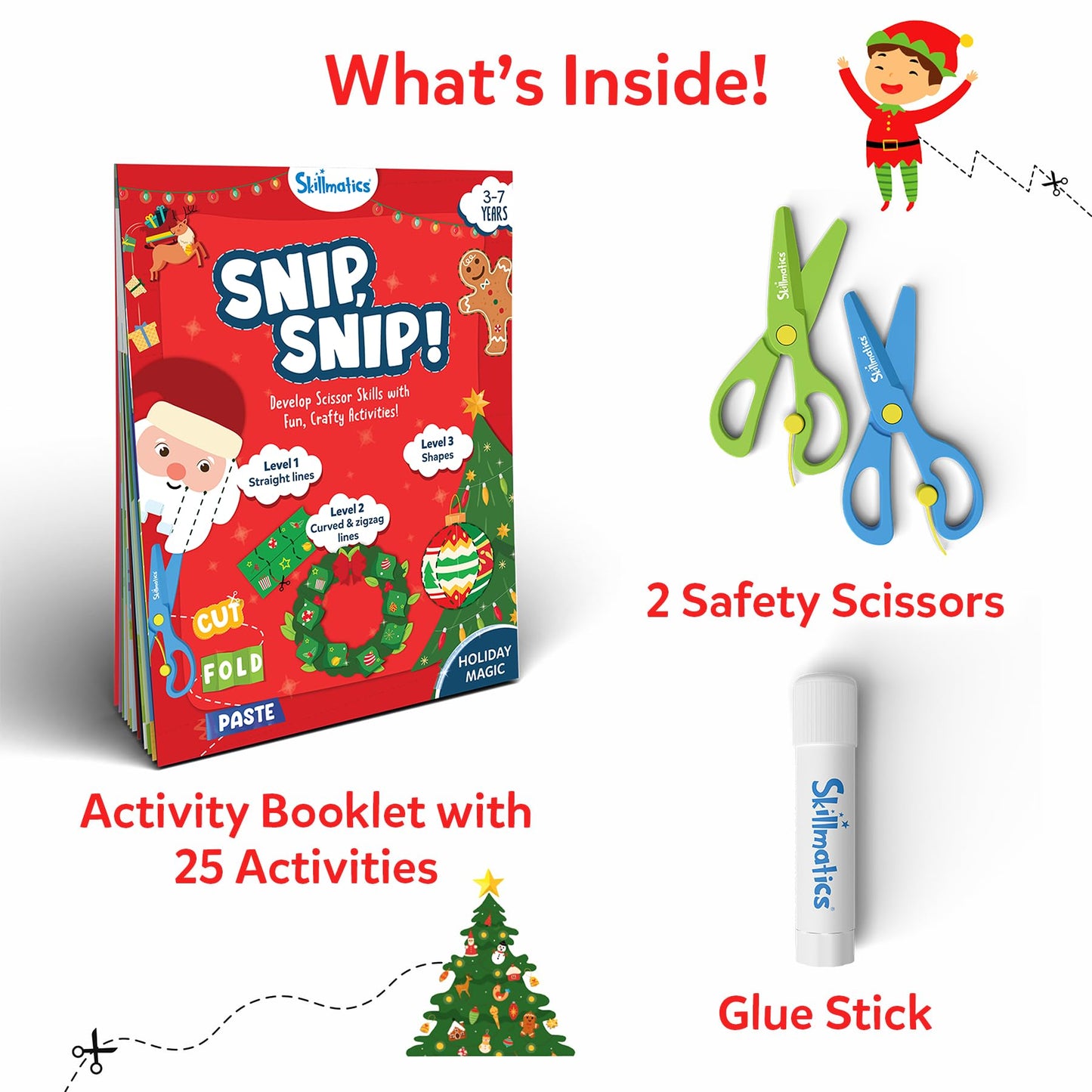 Skillmatics Scissor Skills Activity Book - Snip Snip Christmas, 25 Fun Cutting & Creative Activities for Preschoolers, 2 Child-Safe Scissors, Felt Craft Kit, Gifts for Kids Ages 3, 4, 5, 6, 7