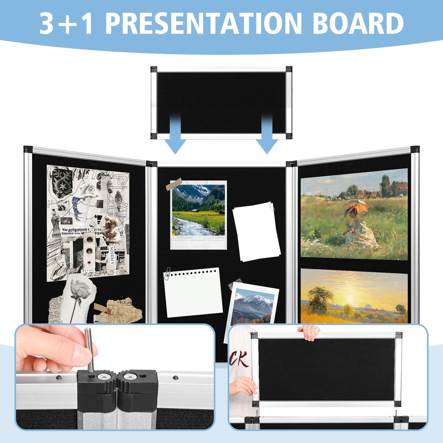Nisorpa 3+1 Panel Folding Trade Show Presentation Board 70.8“ x 35.4” Trifold Desktop Display Board with Carry Bag Large Metal Frame Tabletop Display 4 Panels-Black