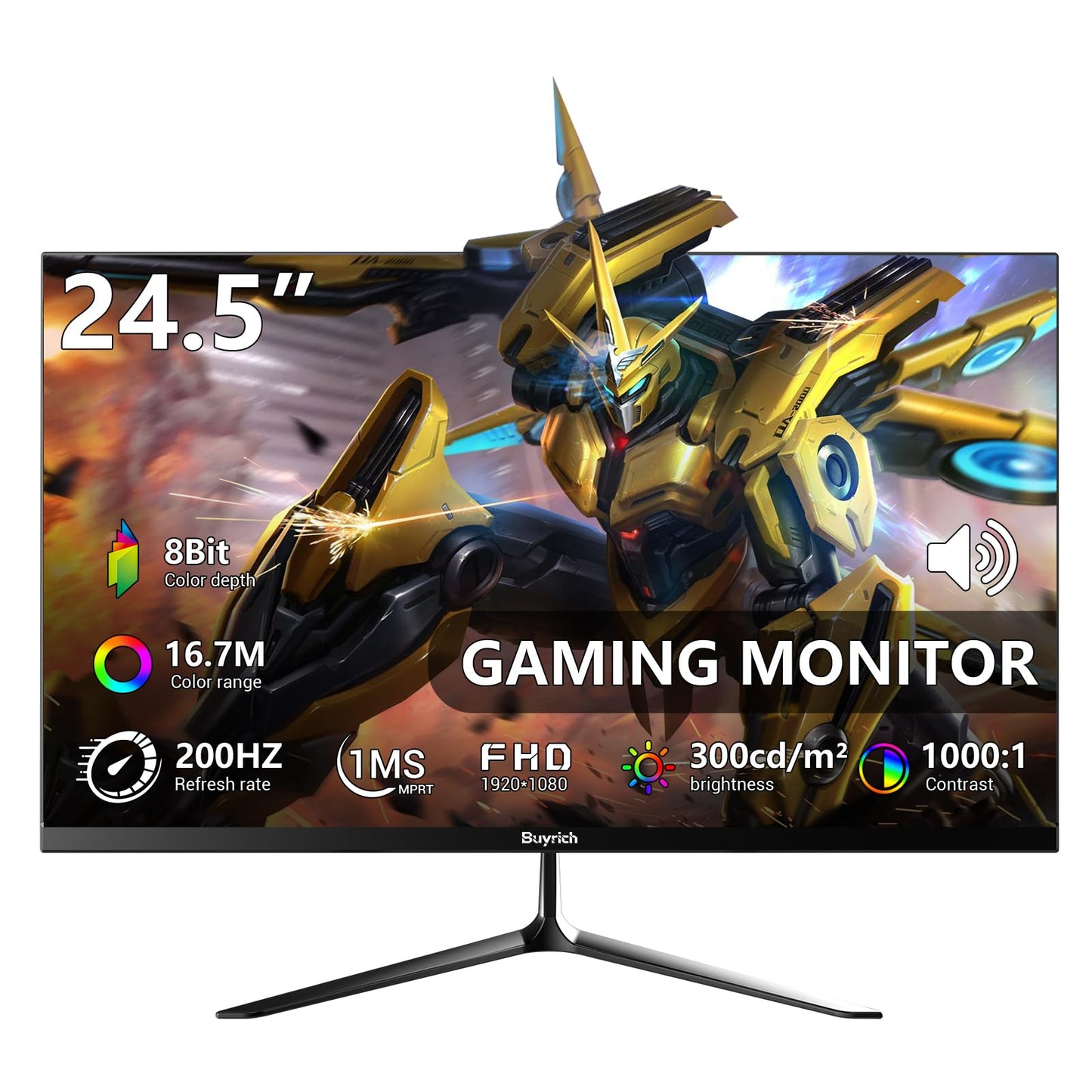 BUYRICH 24.5 Inch Gaming Monitor, 200Hz Refresh Rate, FHD 1920x1080, Fast Response Time, Built-in Speakers, Metal Stand, VESA Compatible, for PC Gamers and Home Setup