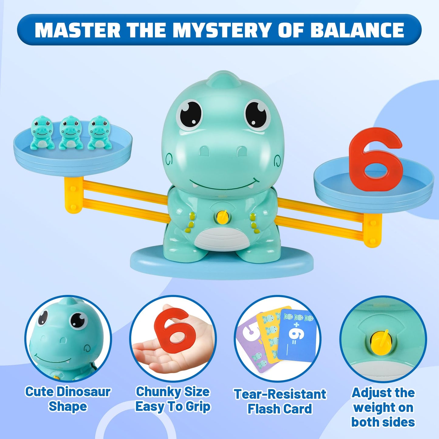 ISMETACU Dinosaur Math Balance Toy for Kids Ages 3-7, Montessori Number Blocks Learning & Educational Dinosaur Toys for Kids 3-5 and Math Games for Kids 5-7,Ideal Gift for Kids (Basic Blue)