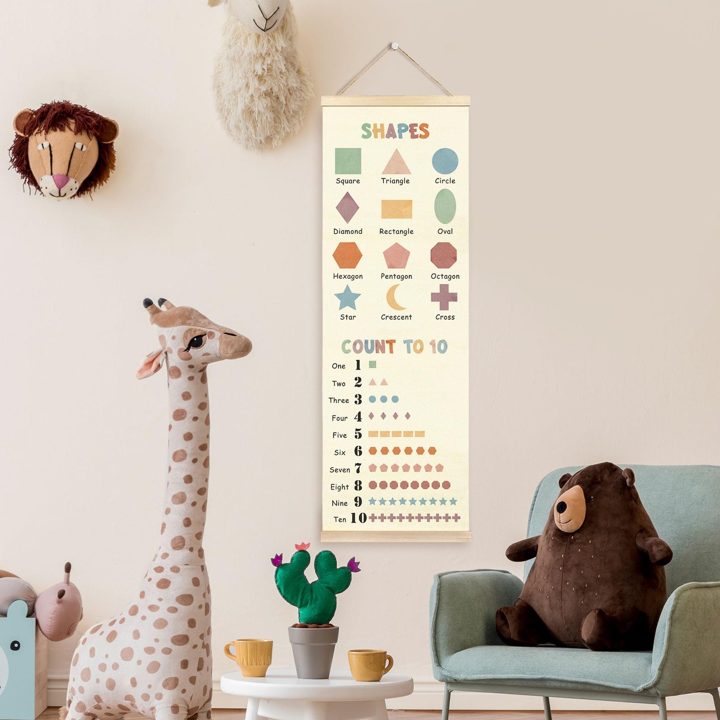 TAEDIN Boho Classroom Wall Art Poster Hanger Frame, Kids Room Wall Art with Wood Frames, Shapes Number 1 to 10 Educational Hanging Decor for Kids Boys Girls Toddler Room Bedroom Playroom, 12x35 Inches