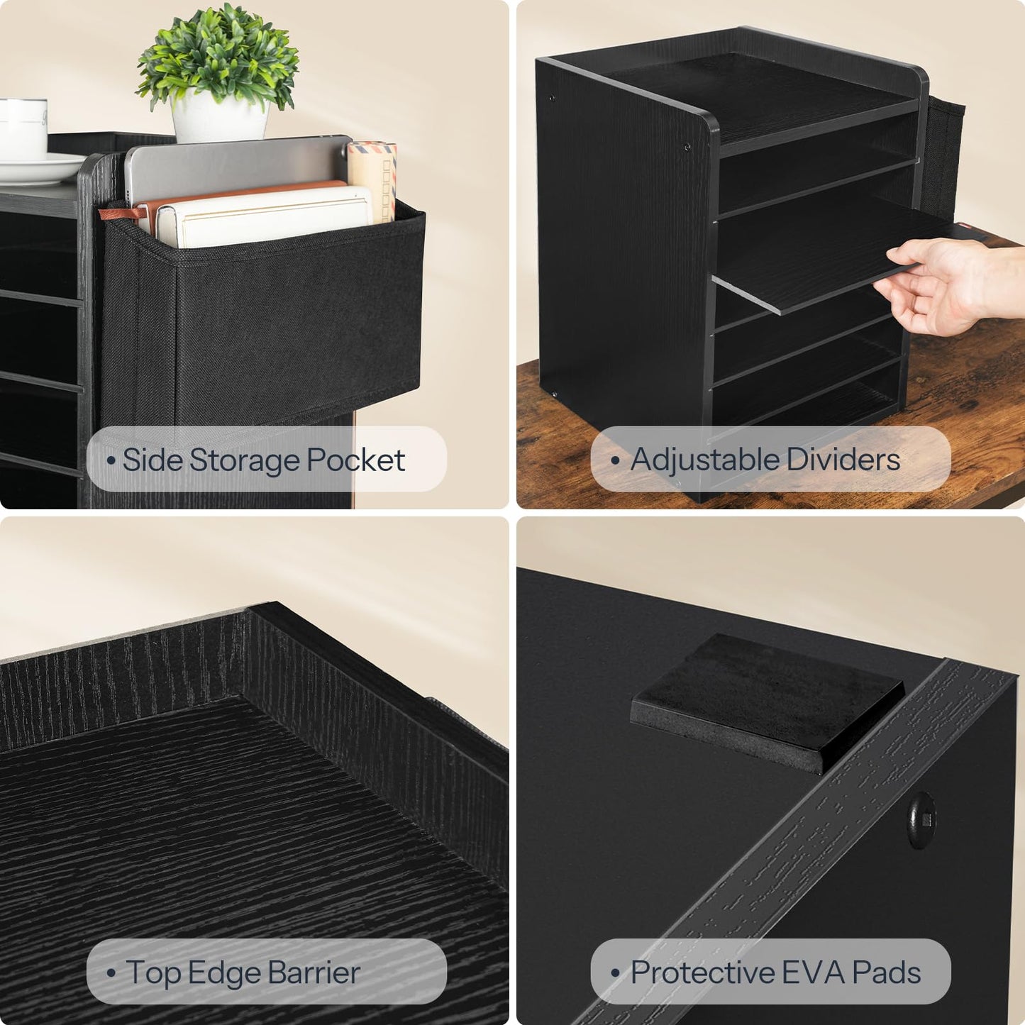 HOOBRO Adjustable Countertop Mail Sorter, 6 Tier Wooden Paper Organizer, Vertical Literature Organizer with Side Storage, Office Mailbox Cubbies, Classroom Mailbox, for Home, Office, Black BB34WF01