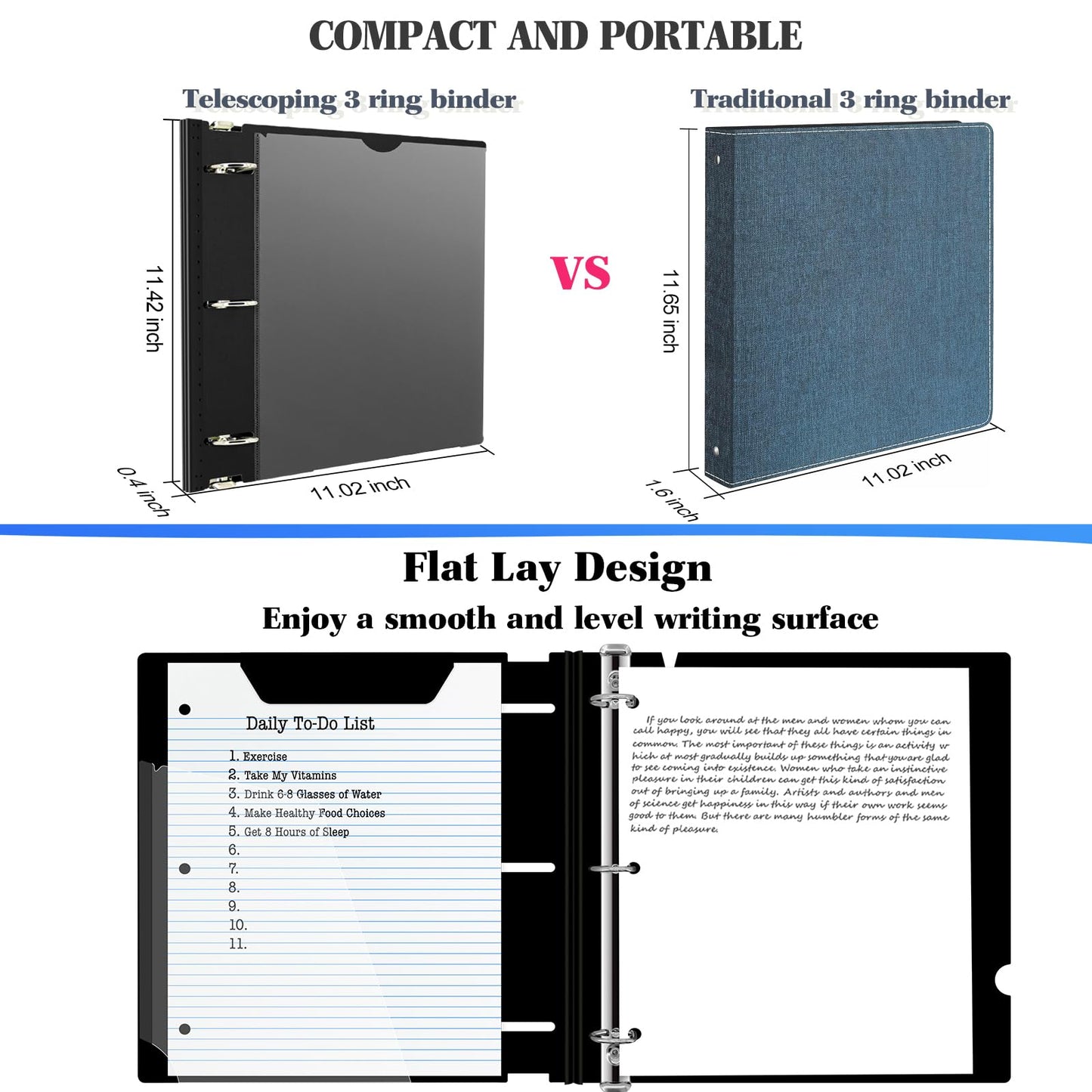 INFUN 1 Inch Telescoping 3 Ring Binder - 6PCS, Flexible Round Binder with Customizable Front Cover and Clear Catalog Pocket, 1Inch Rings, 225 Sheet Capacity-Black
