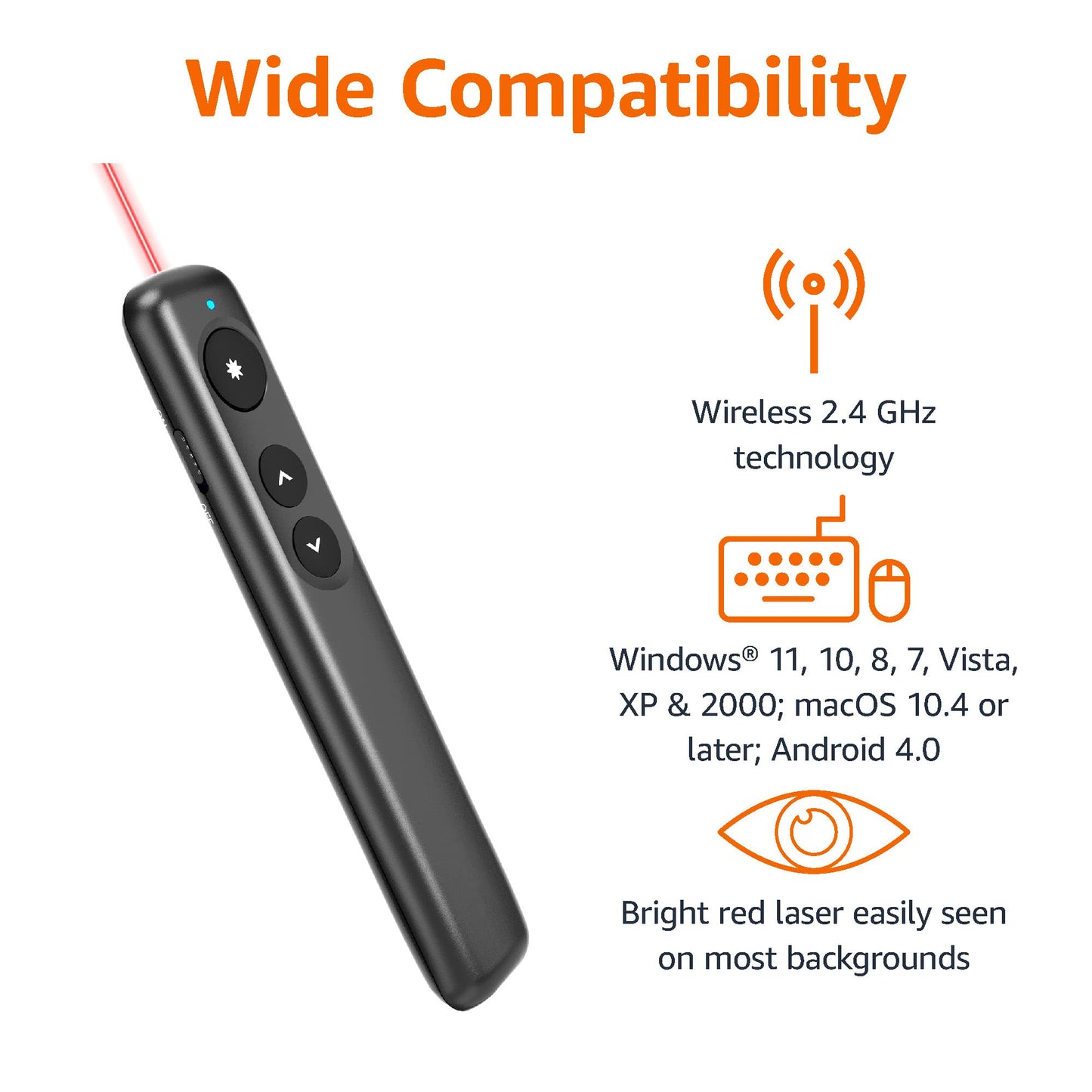 Amazon Basics Wireless Presenter Remote, Presentation Clicker with Red Laser Pointer, PowerPoint Clicker, Slide Advancer, 2.4GHz, Plug & Play, Battery Operated, Hyperlink